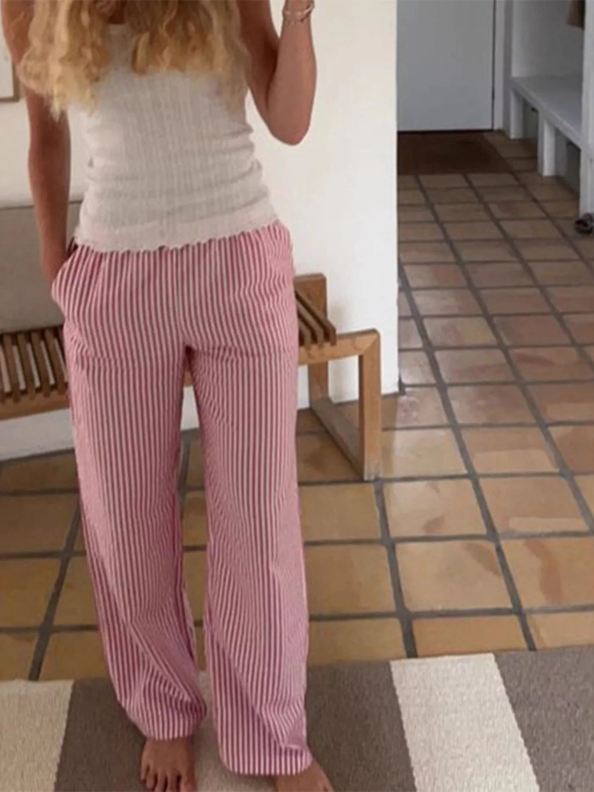 Striped High-Waisted Drawstring Casual Pants in Pink