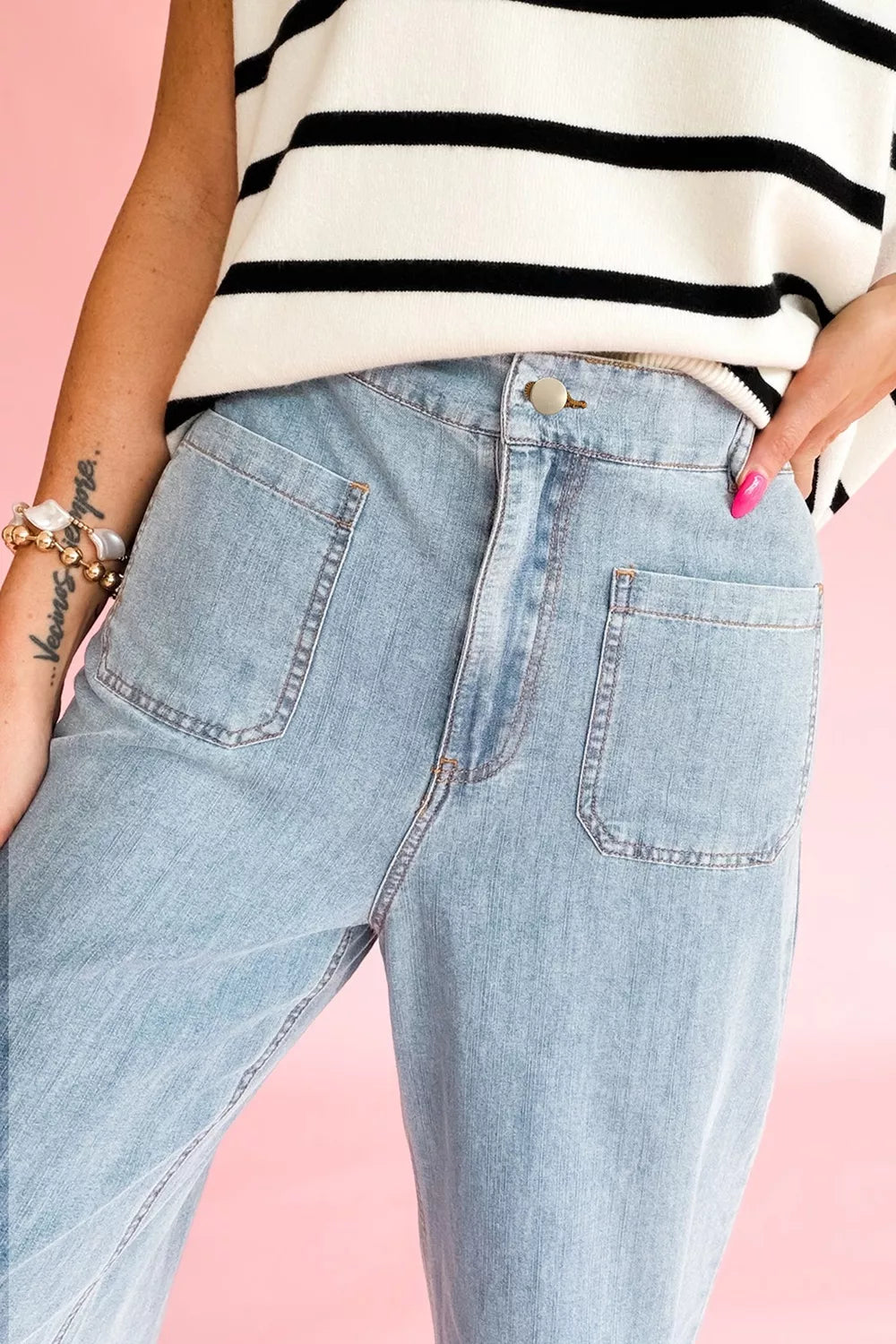Light Blue Full-Length Pocket Detail Jeans