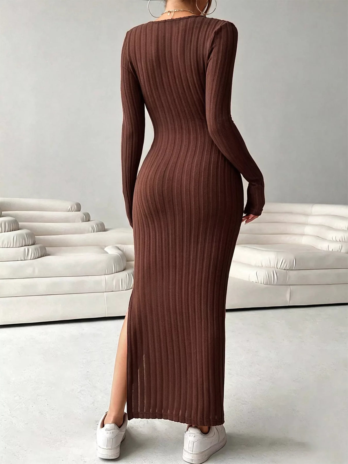 Ribbed Knit Maxi Dress in Coffee Brown
