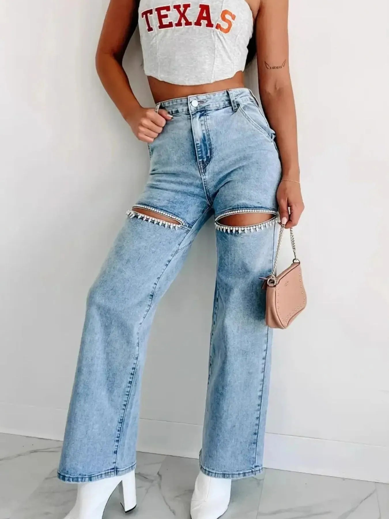 High Waist Cut-Out Wide Leg Jeans in Light Blue