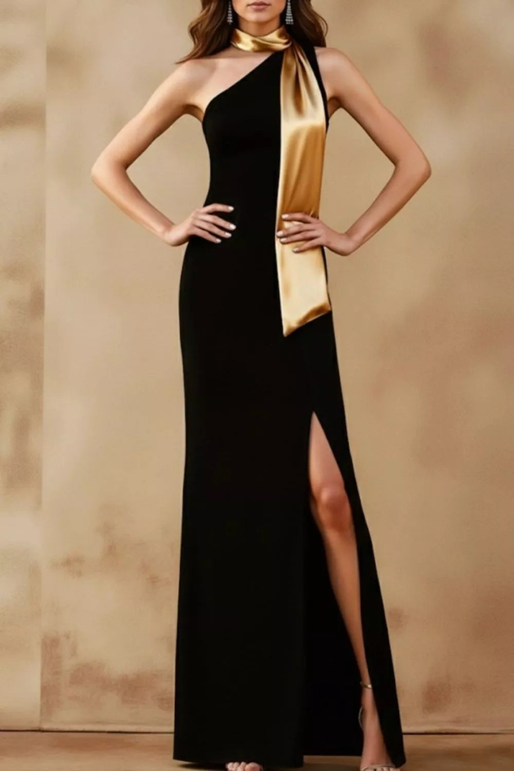 One-Shoulder Slit Maxi Dress in Black