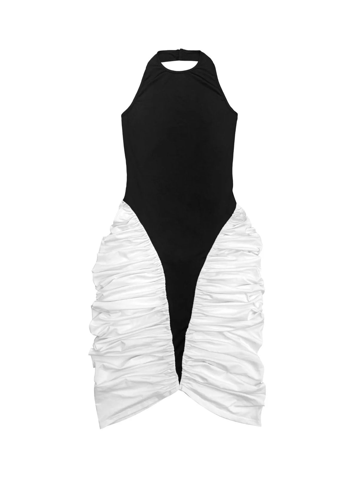 Two-Tone Sleeveless Ruched Midi Dress in Black