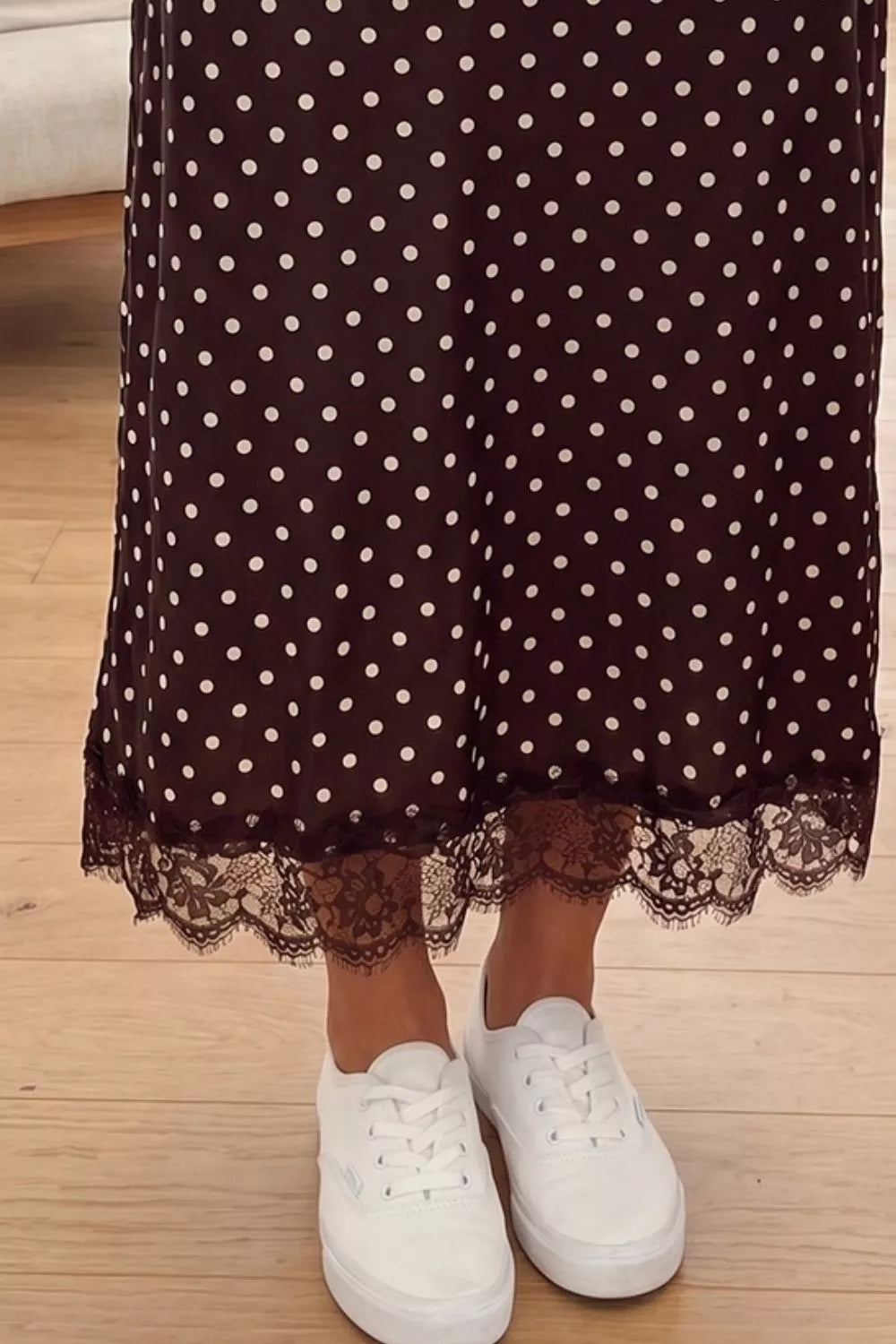 Polka Dot Lace-Hem Shift Skirt in Dark Brown