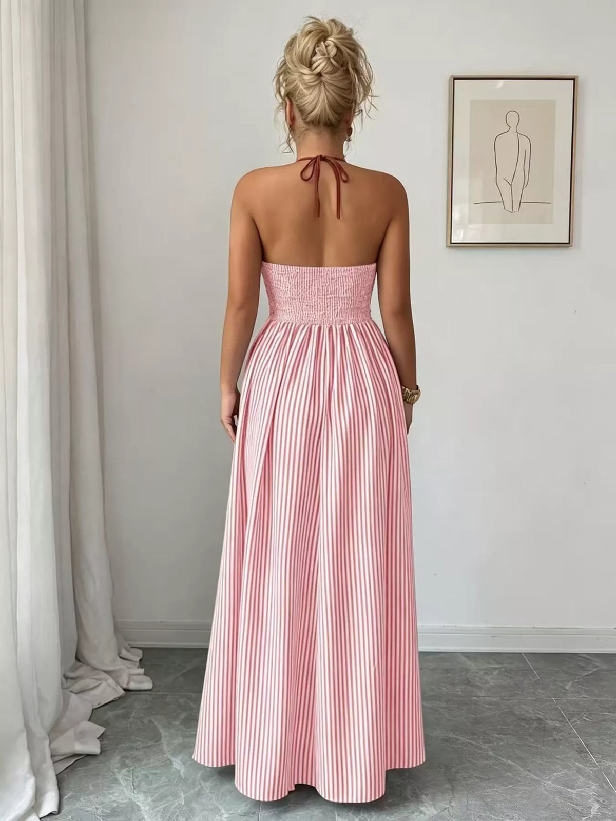Striped Smocked Halter Neck Maxi Dress