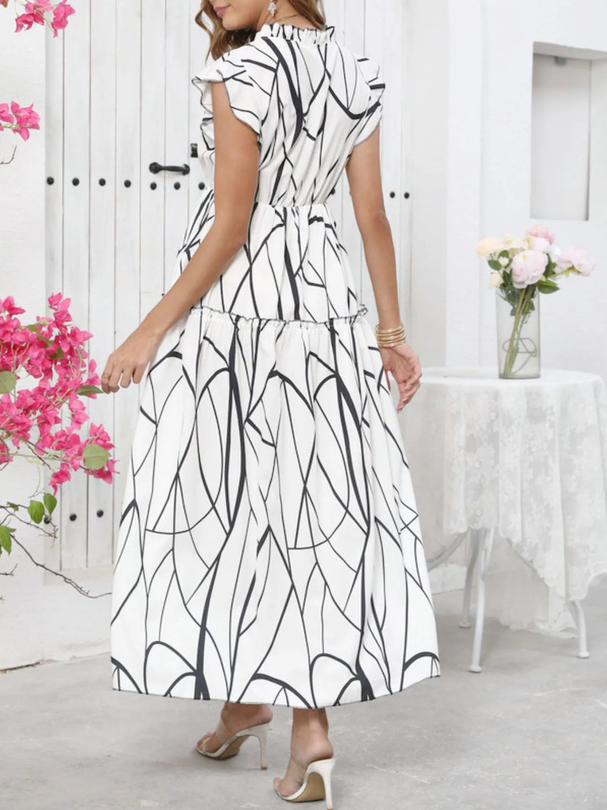 Abstract Print Ruffle Sleeve V-Neck Midi Dress in Picture Color