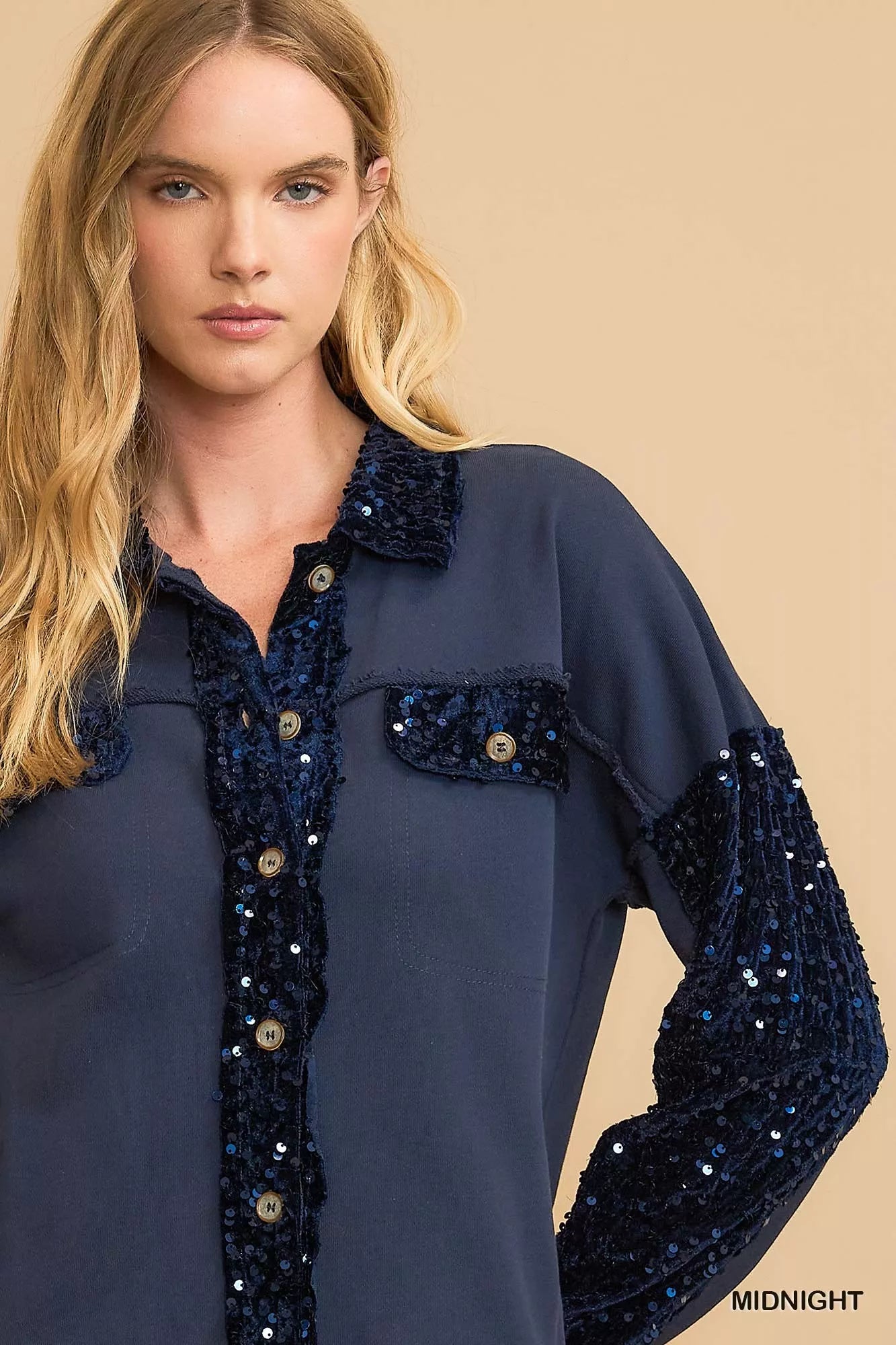Umgee Sequined French Terry Jacket in Midnight