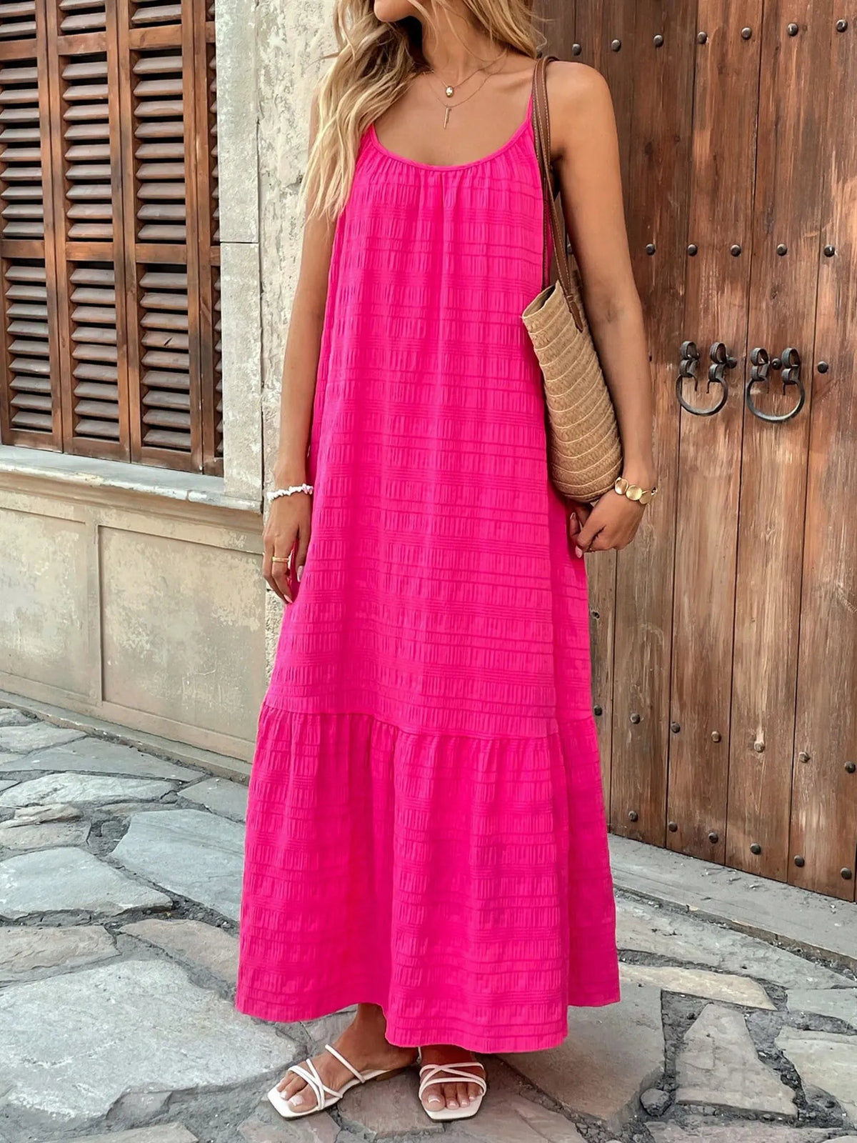 Scoop Neck Tiered Cami Dress in Deep Rose
