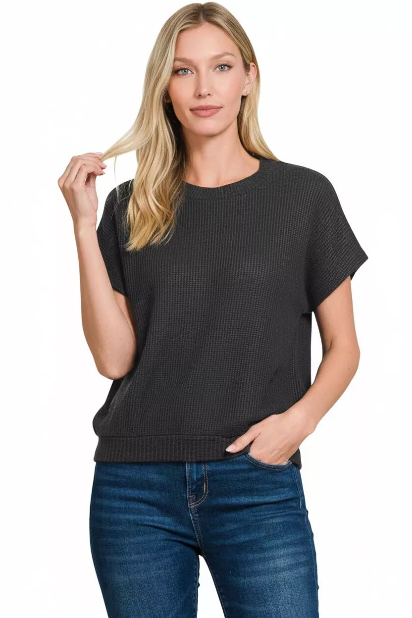 Zenana Round Neck Banded Button Sweater in Black