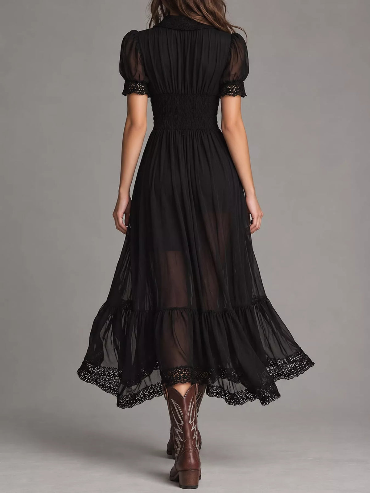 Button-Down Lace Trim Midi Dress in Black