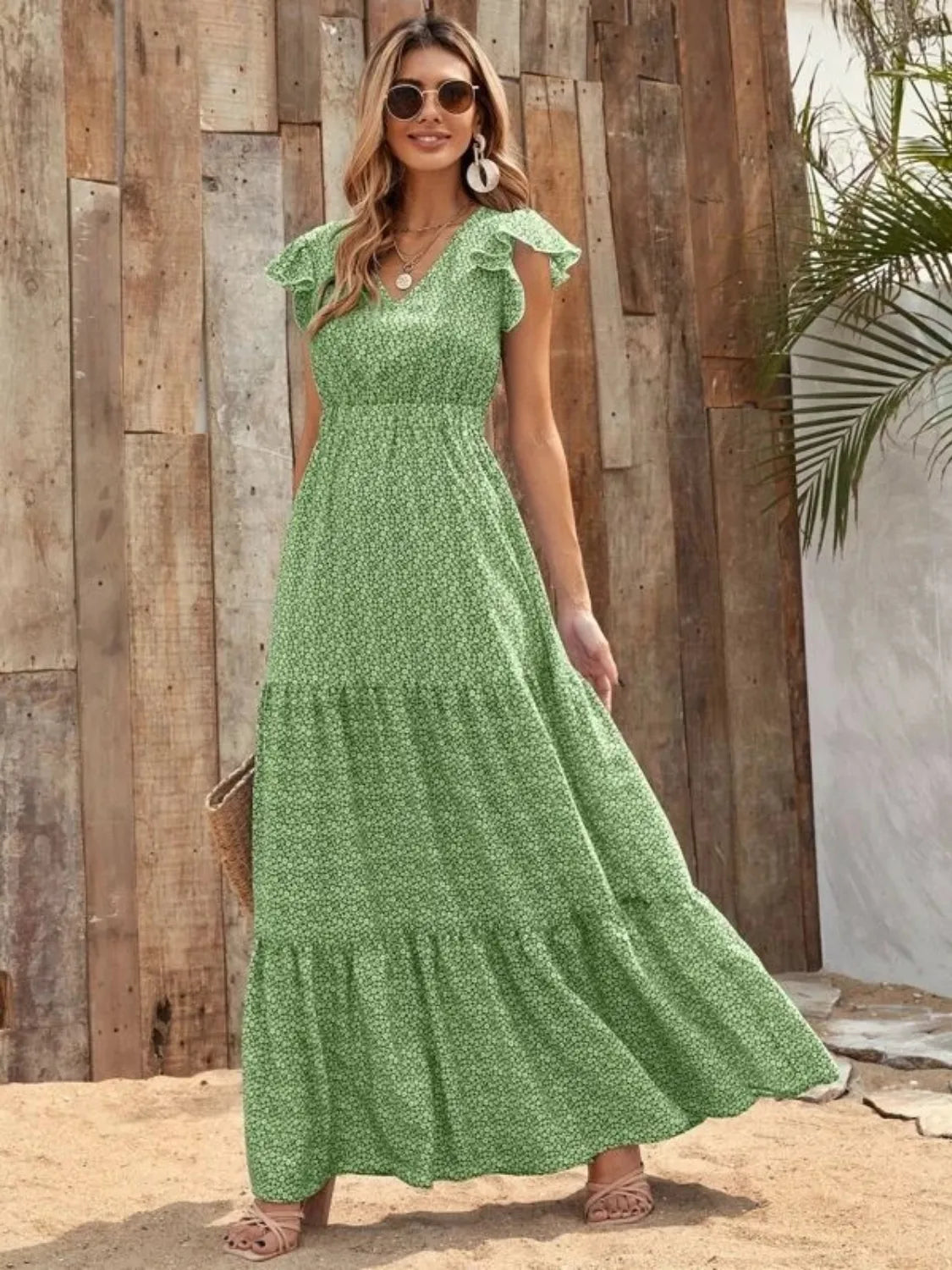 Ruffled Cap Sleeve V-Neck Maxi Dress