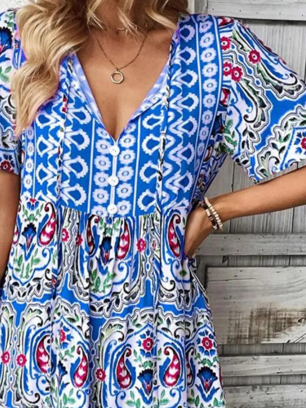 Printed Tie-Neck Short Sleeve Dress
