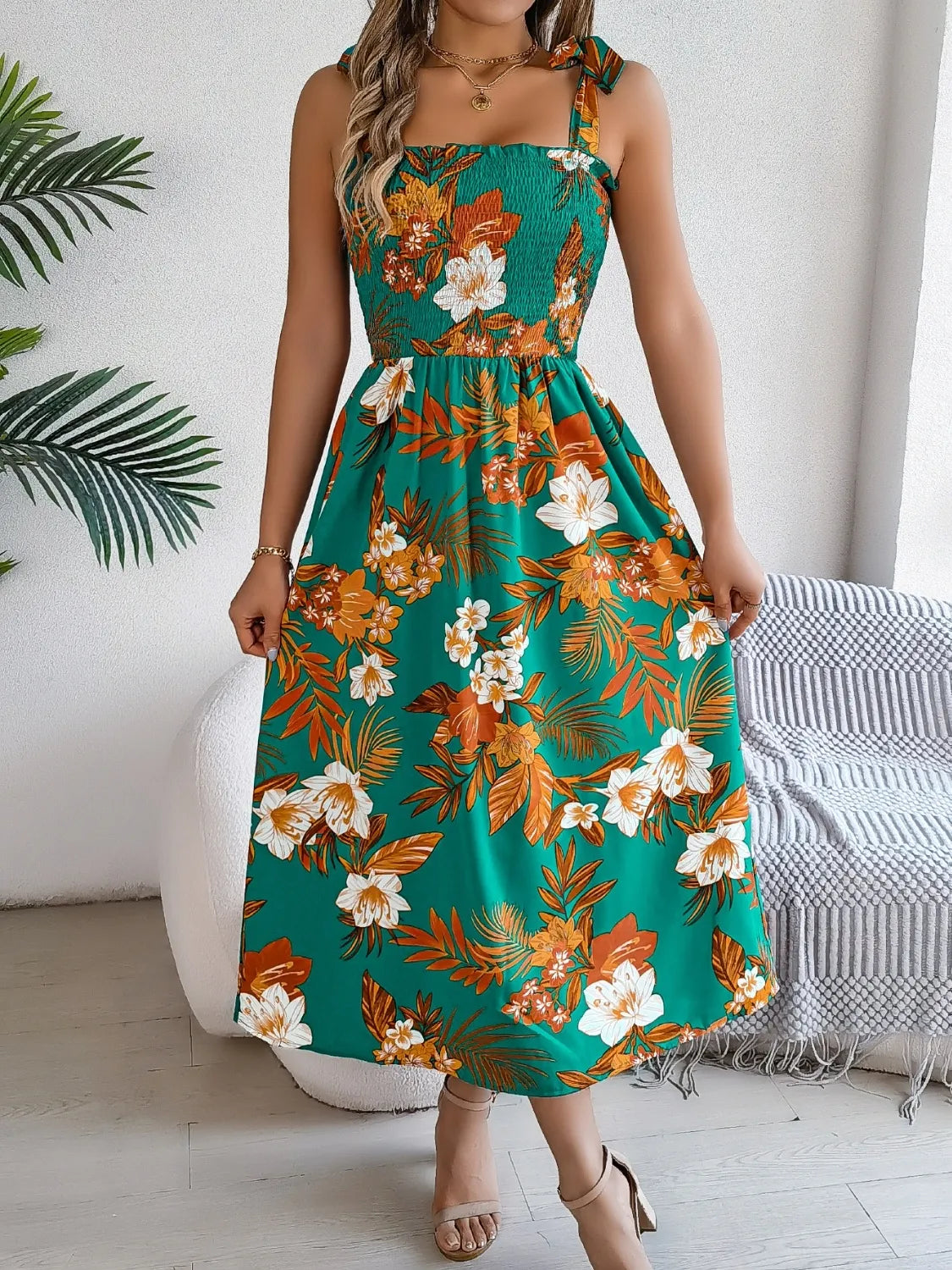 Smocked Floral Tie-Shoulder Midi Dress