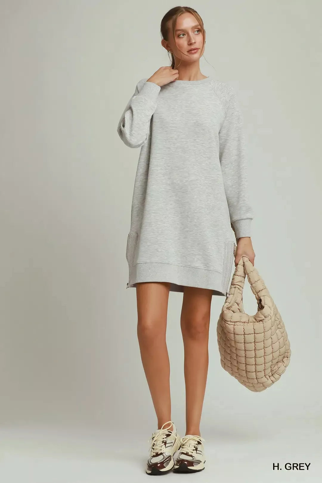 Umgee Side Crochet Zipper Detail Dress in Heather Grey in H. grey