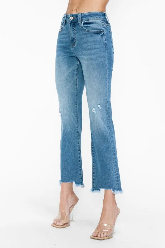 Raw Hem Distressed Mid Rise Crop Jeans in Medium Wash