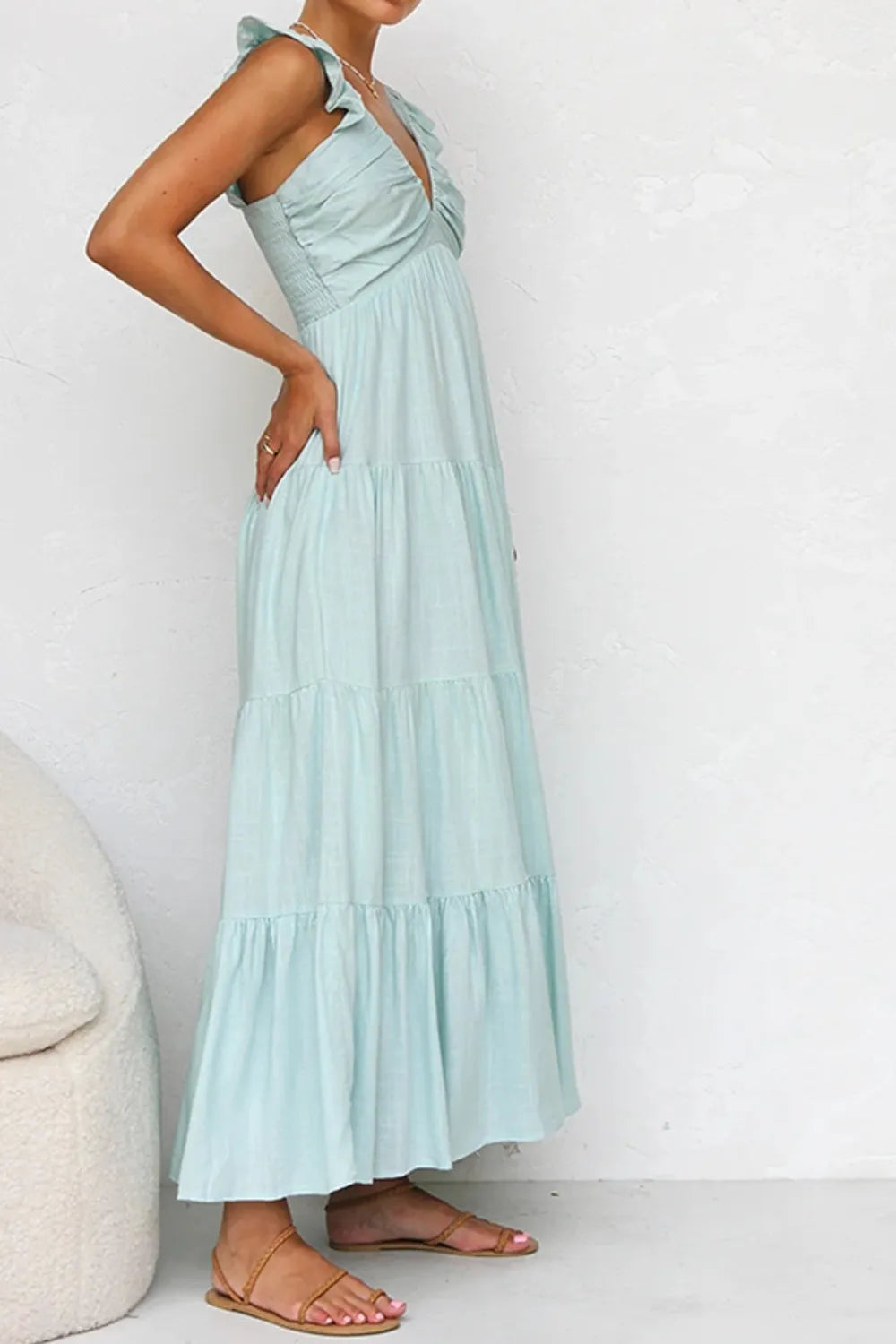 Ruffled V-Neck Tiered Cotton Dress