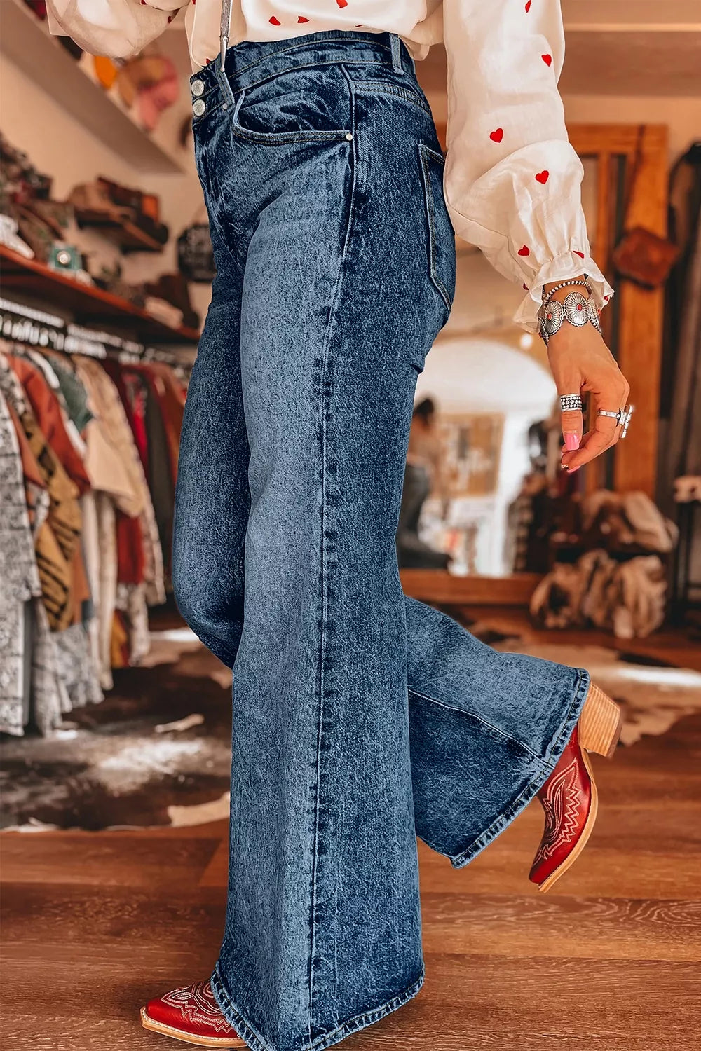Acid Wash Flare Jeans in Navy