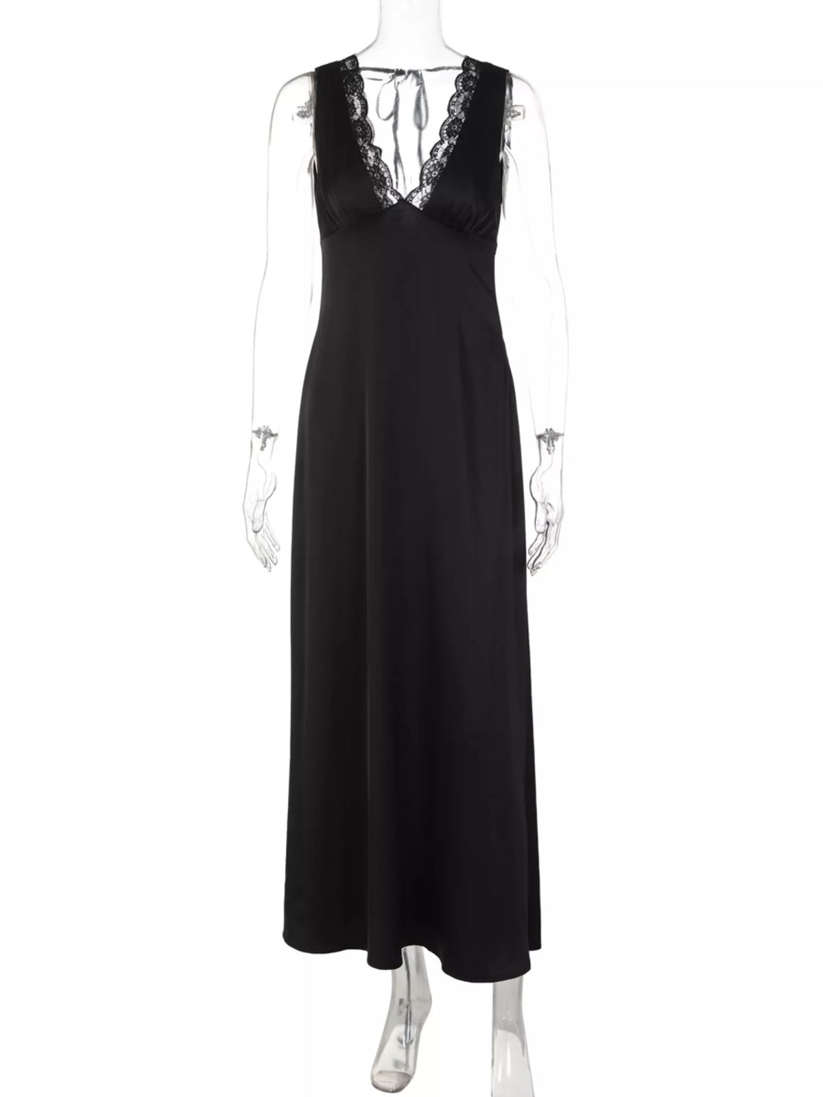 Lace Trim V-Neck Sleeveless Maxi Dress in Black