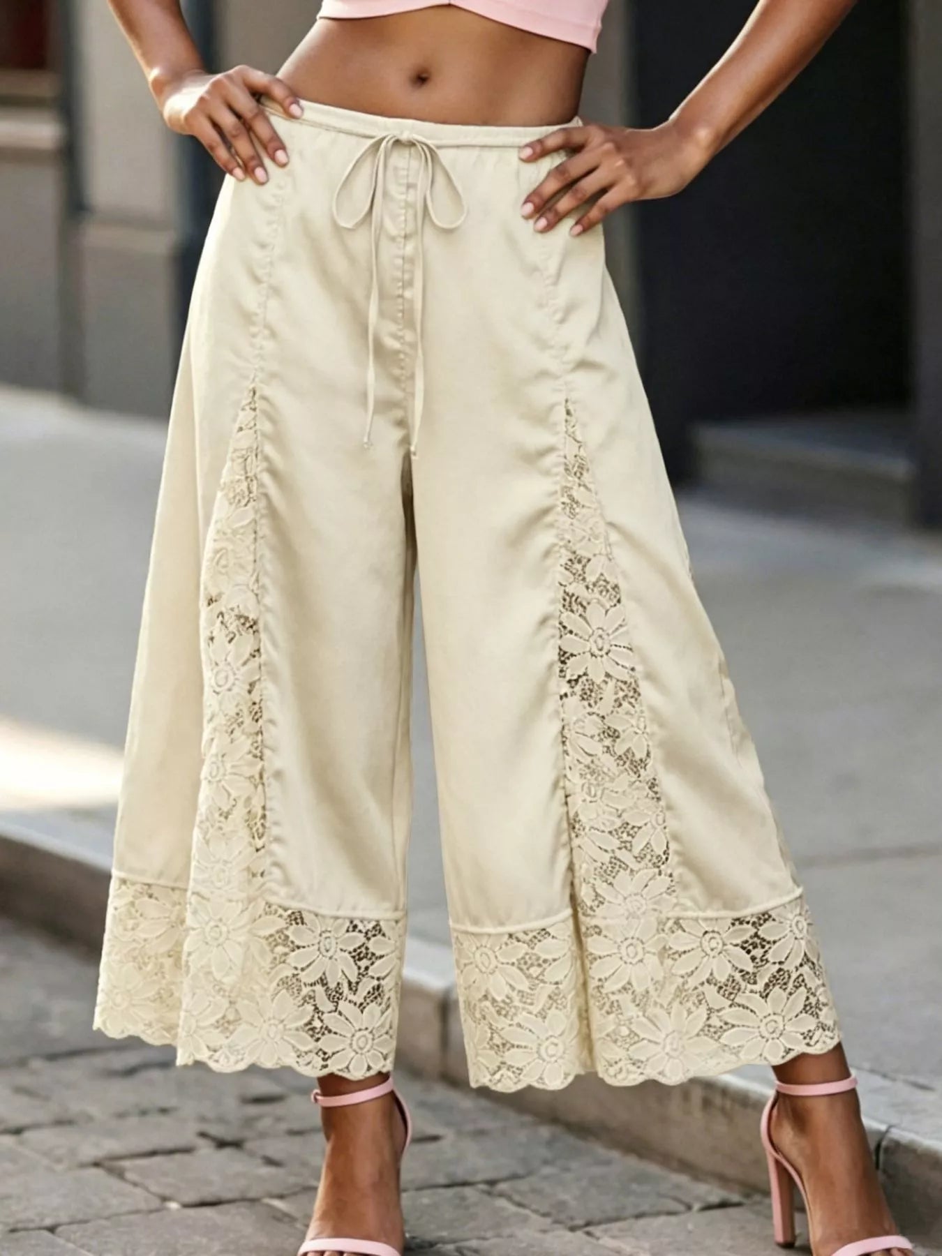 Lace-Trim Wide-Leg Cropped Pants