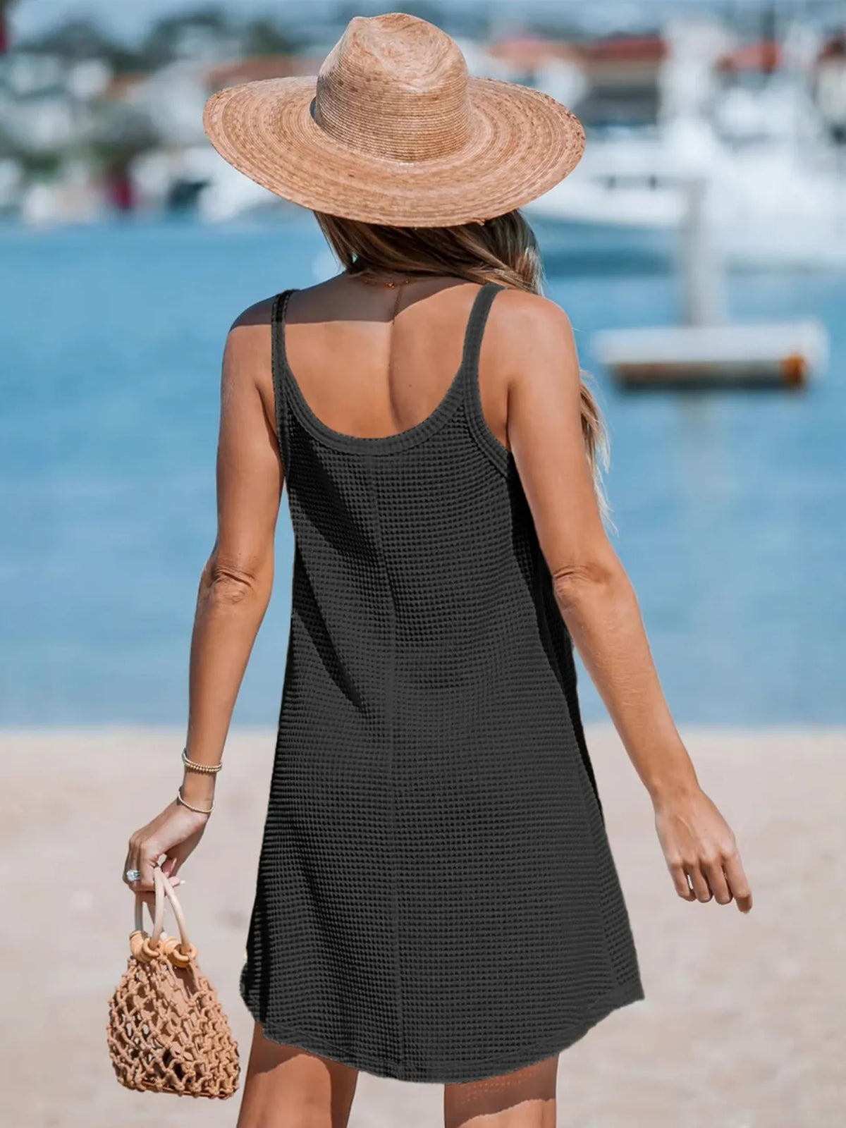 Waffle-Knit Scoop Neck Cami Dress in Black
