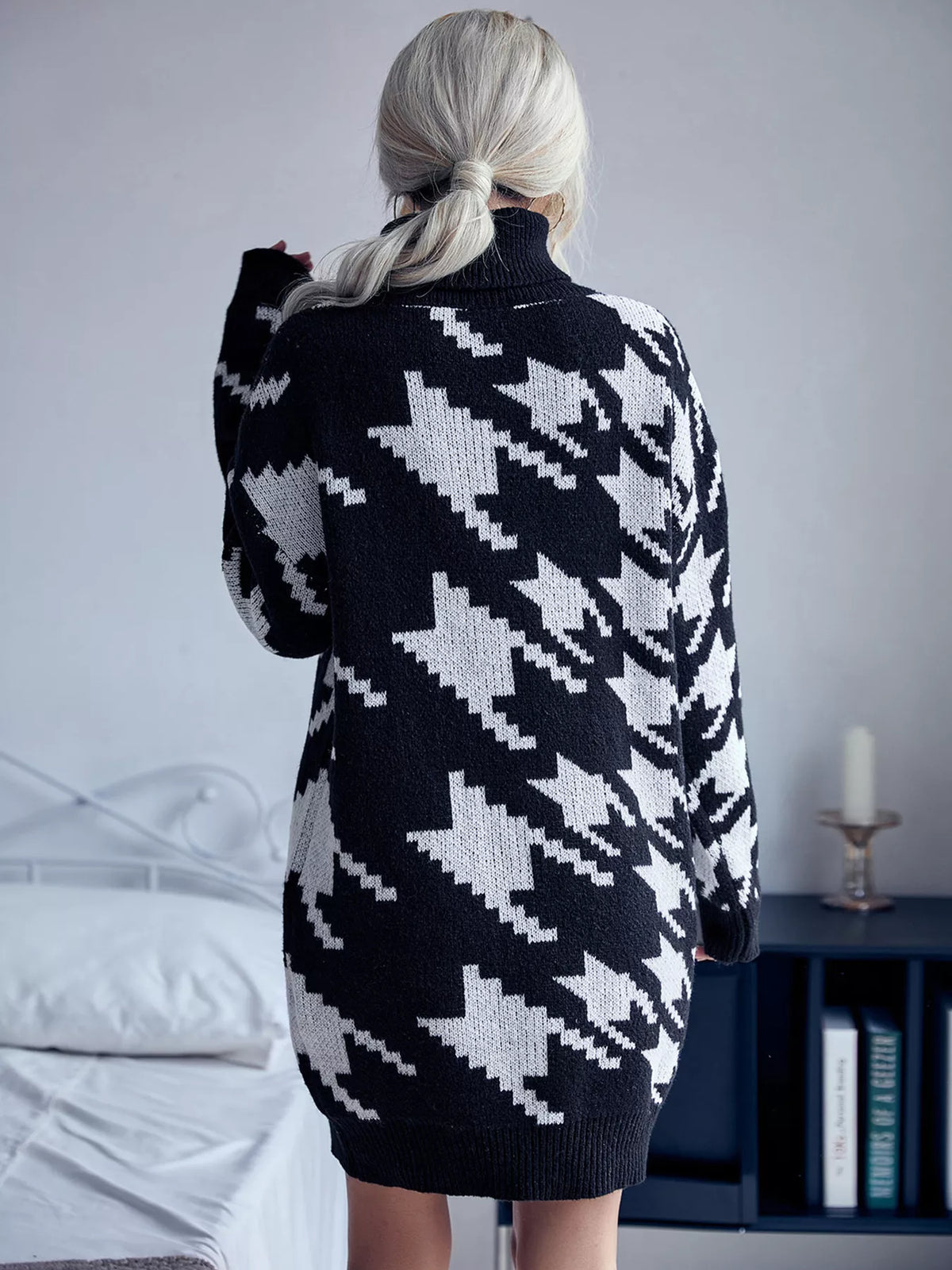 Houndstooth Turtleneck Sweater Dress in Black