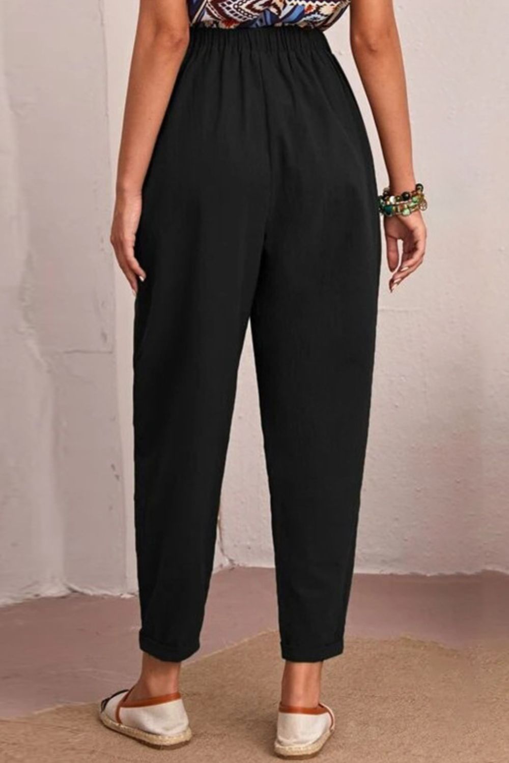 Elastic Waist Tapered Pants with Pockets