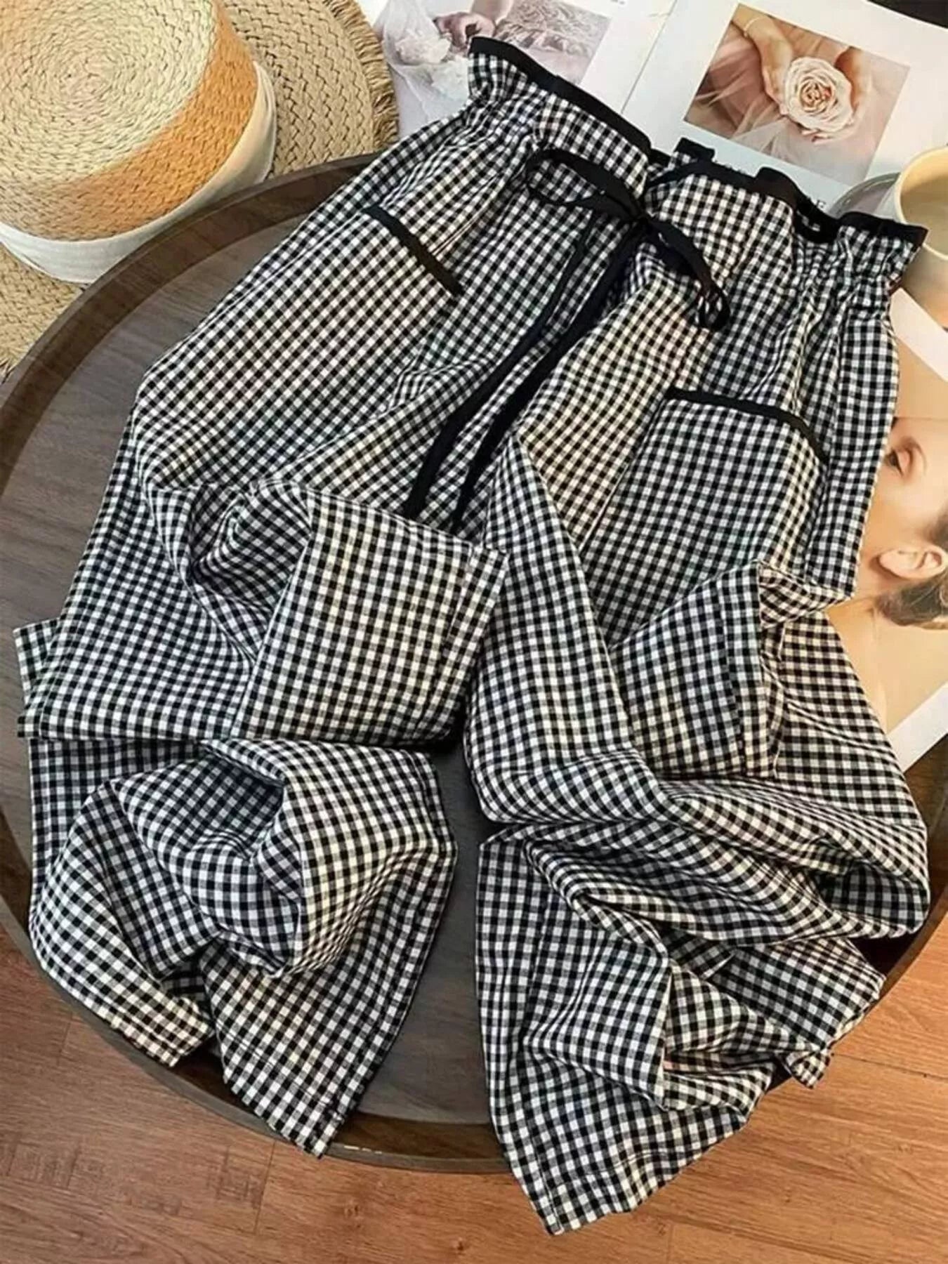 Gingham Wide Leg Pants in Black
