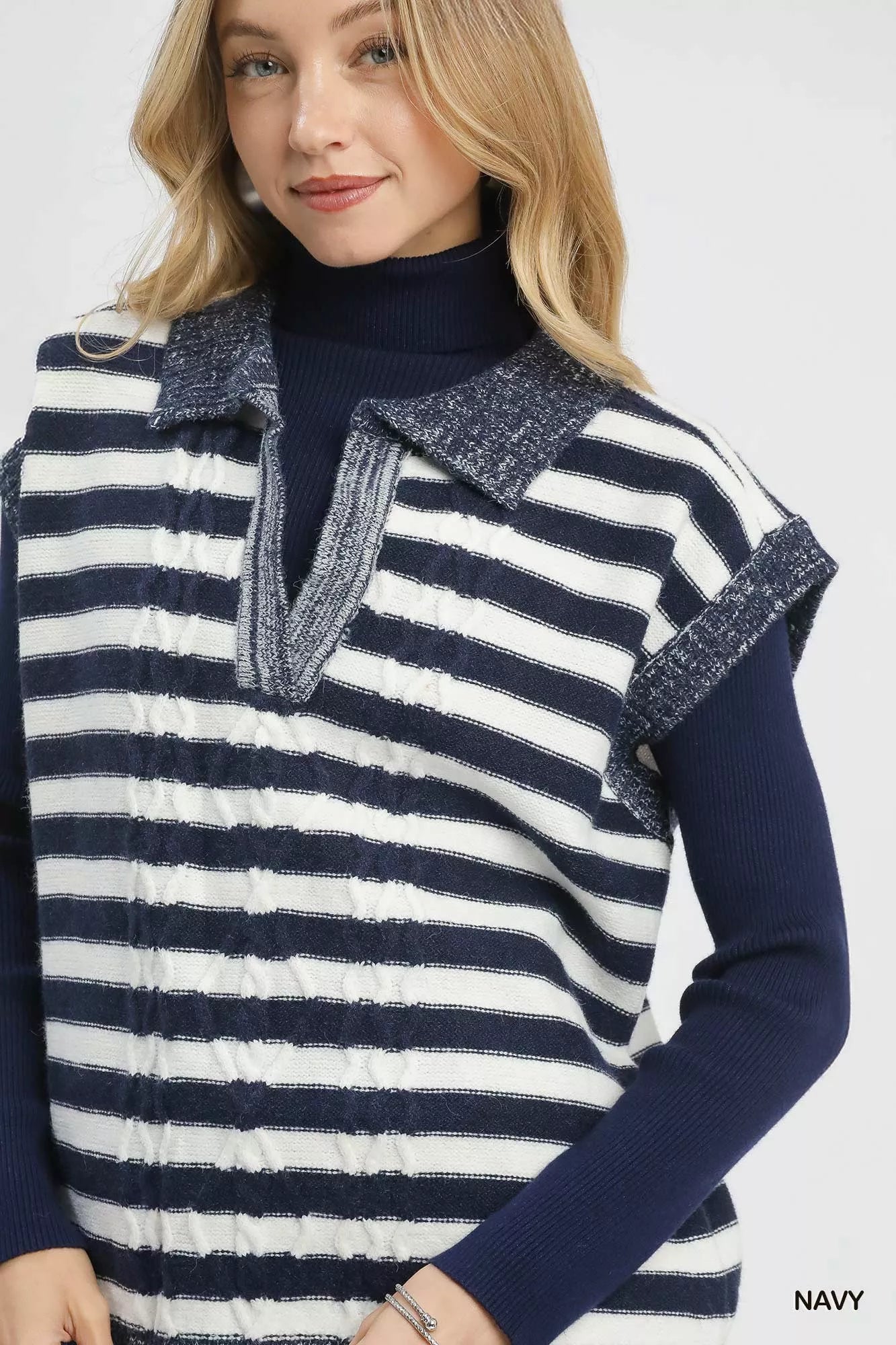 Umgee Cable Knit Collared Striped Sweater Vest in Navy