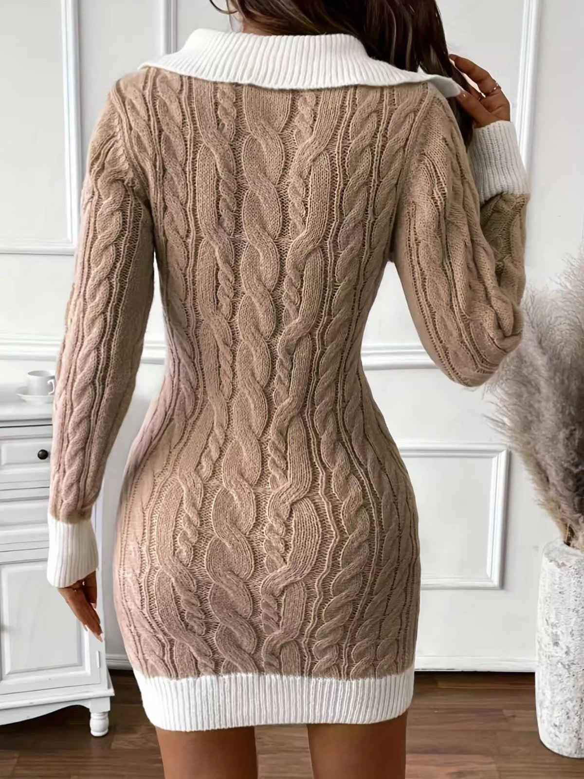 Cable Knit Sweater Dress in Khaki