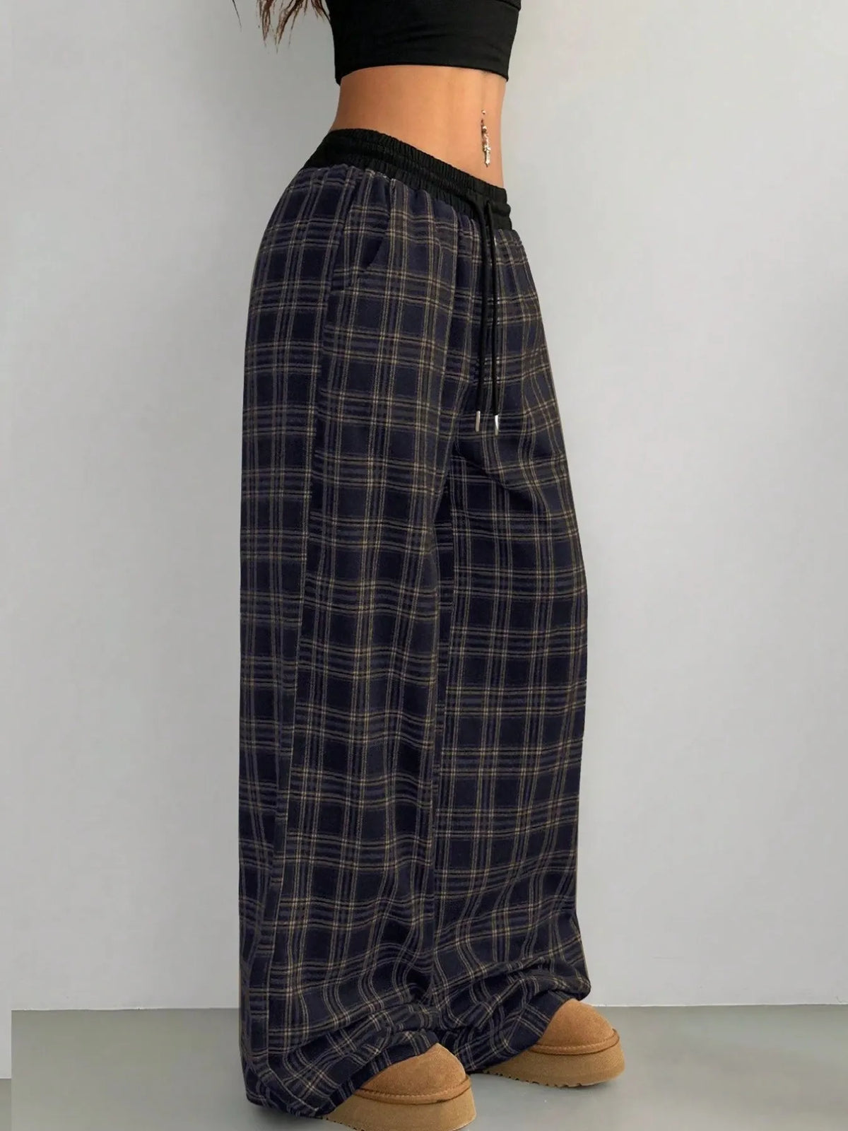 Plaid Wide-Leg Drawstring Pants in Scarlet