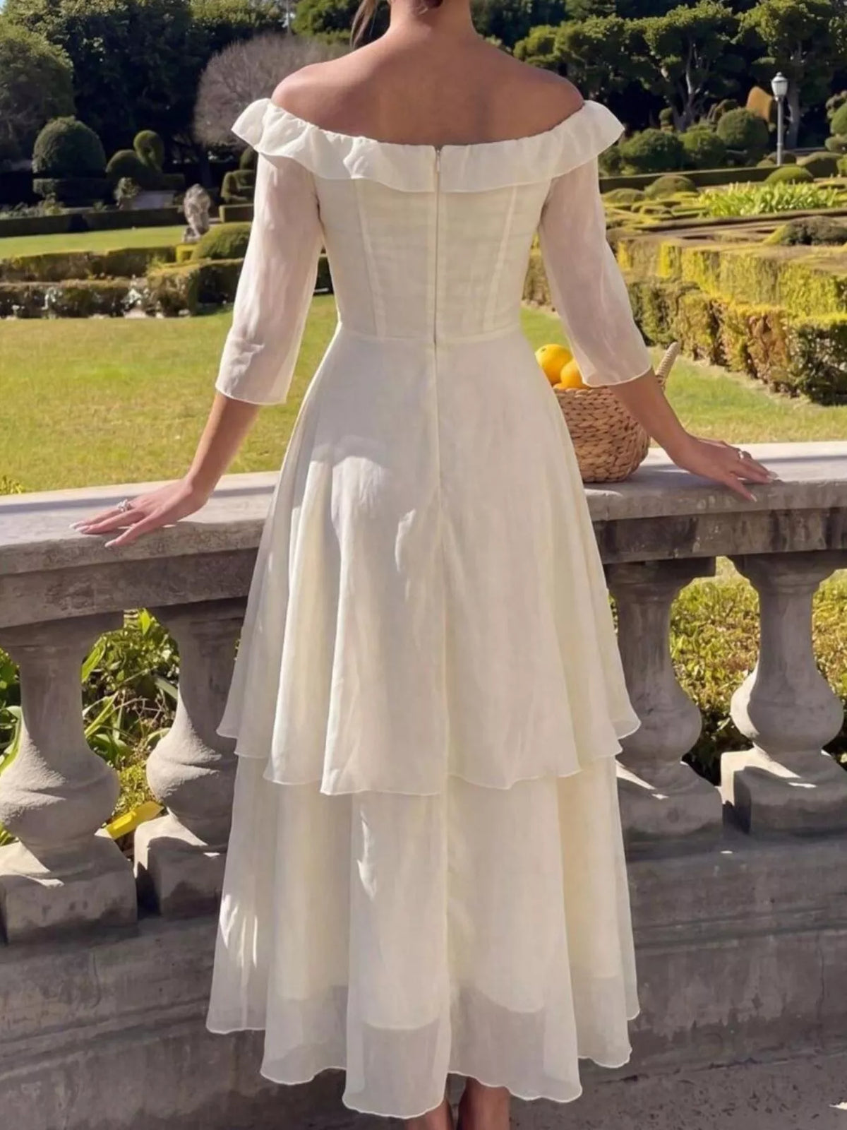 Off-Shoulder Layered Midi Dress in Cream