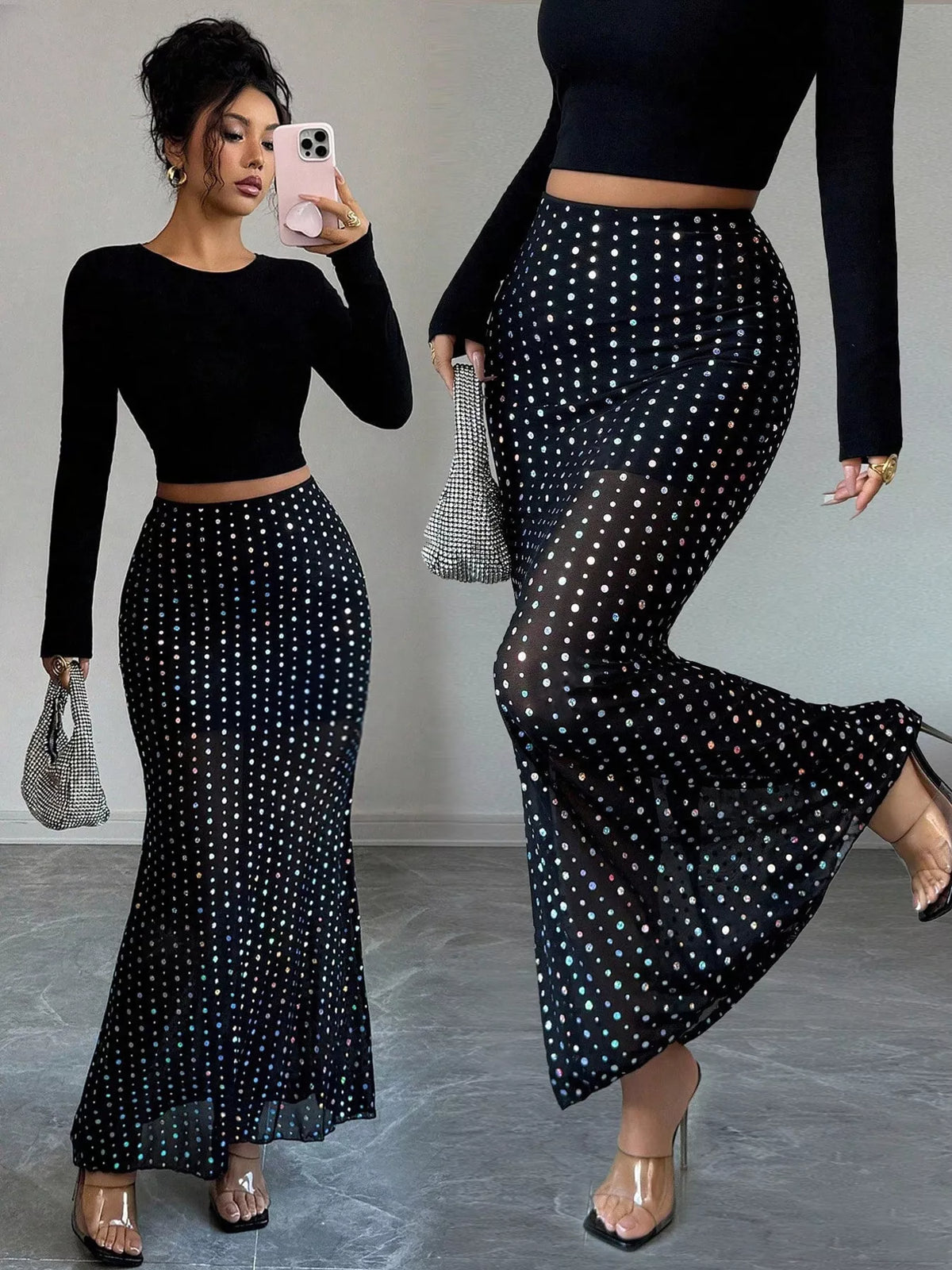 Sheer Polka Dot Maxi Skirt in Black