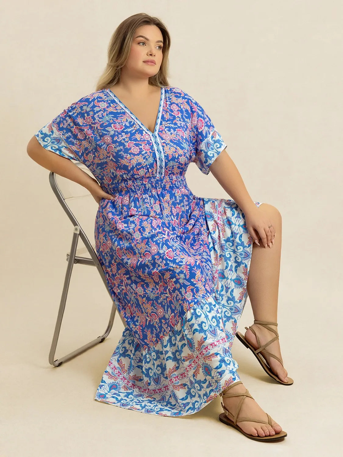 Smocked Printed Midi Dress in Blue Purple