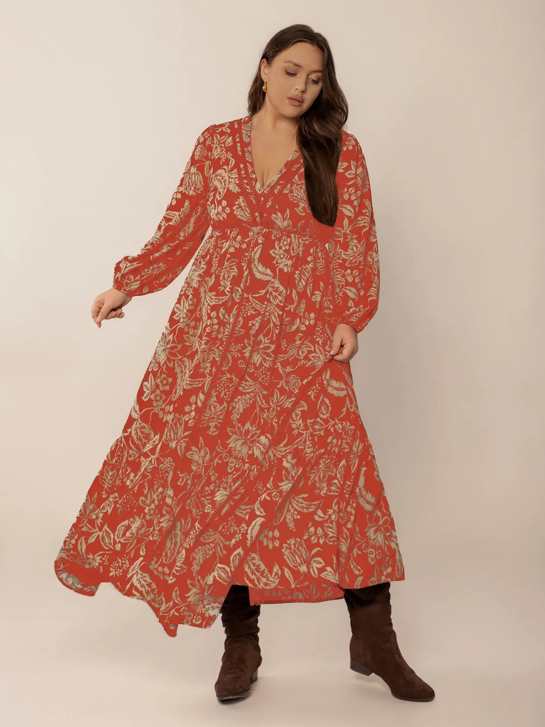 Ruched Lace Detail Midi Dress in Orange-Red