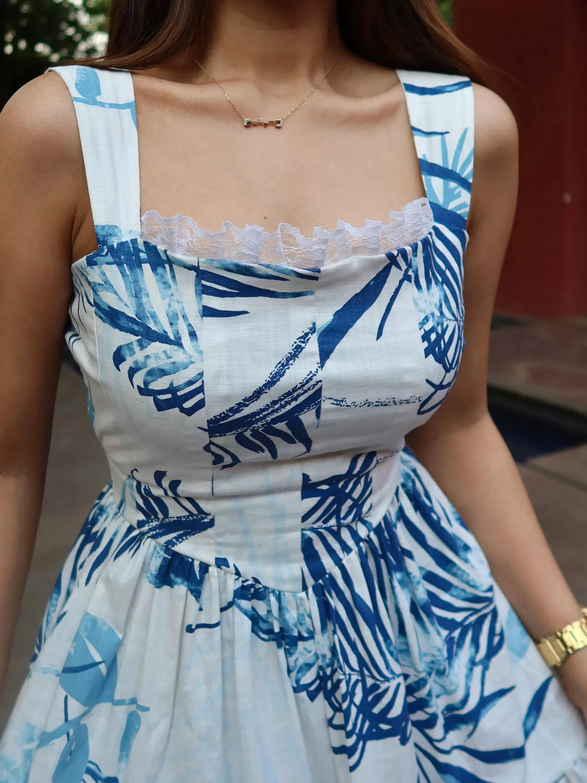 Tropical Print Tiered Maxi Dress in Blue