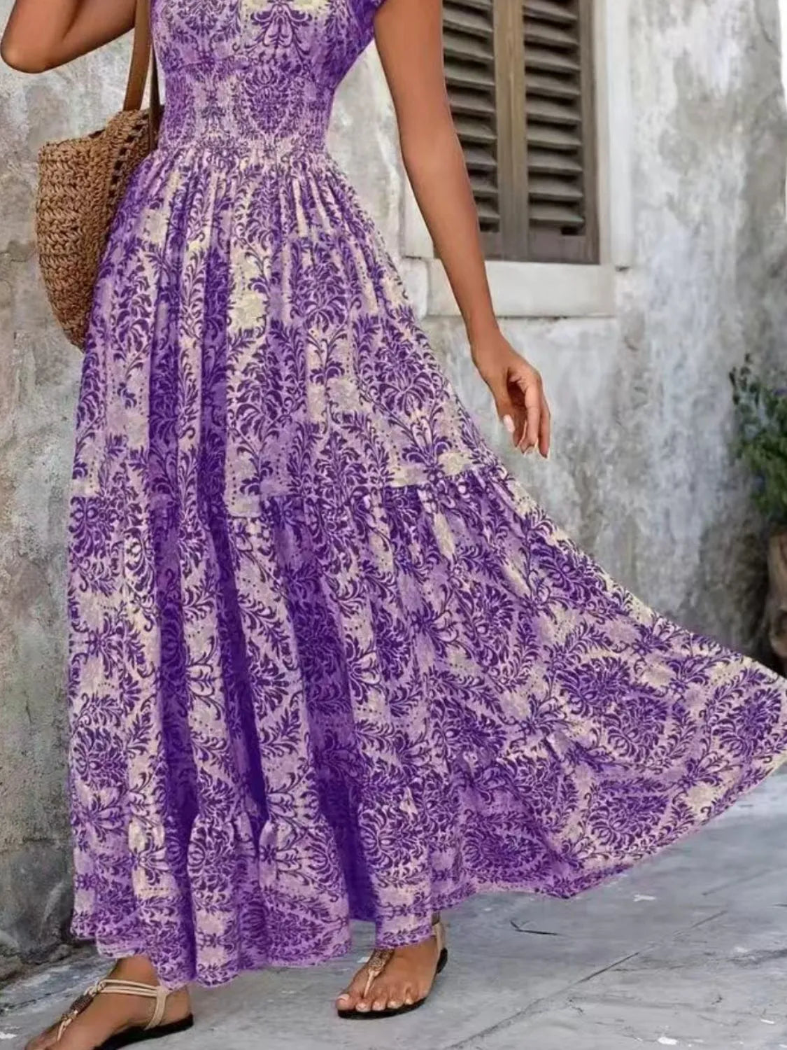 Vintage Floral Cap Sleeve Maxi Dress