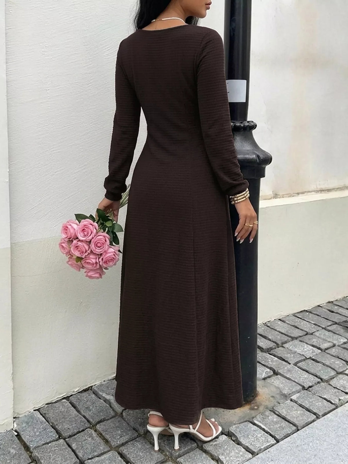 Long Sleeve Tie-Front Maxi Dress in Brown