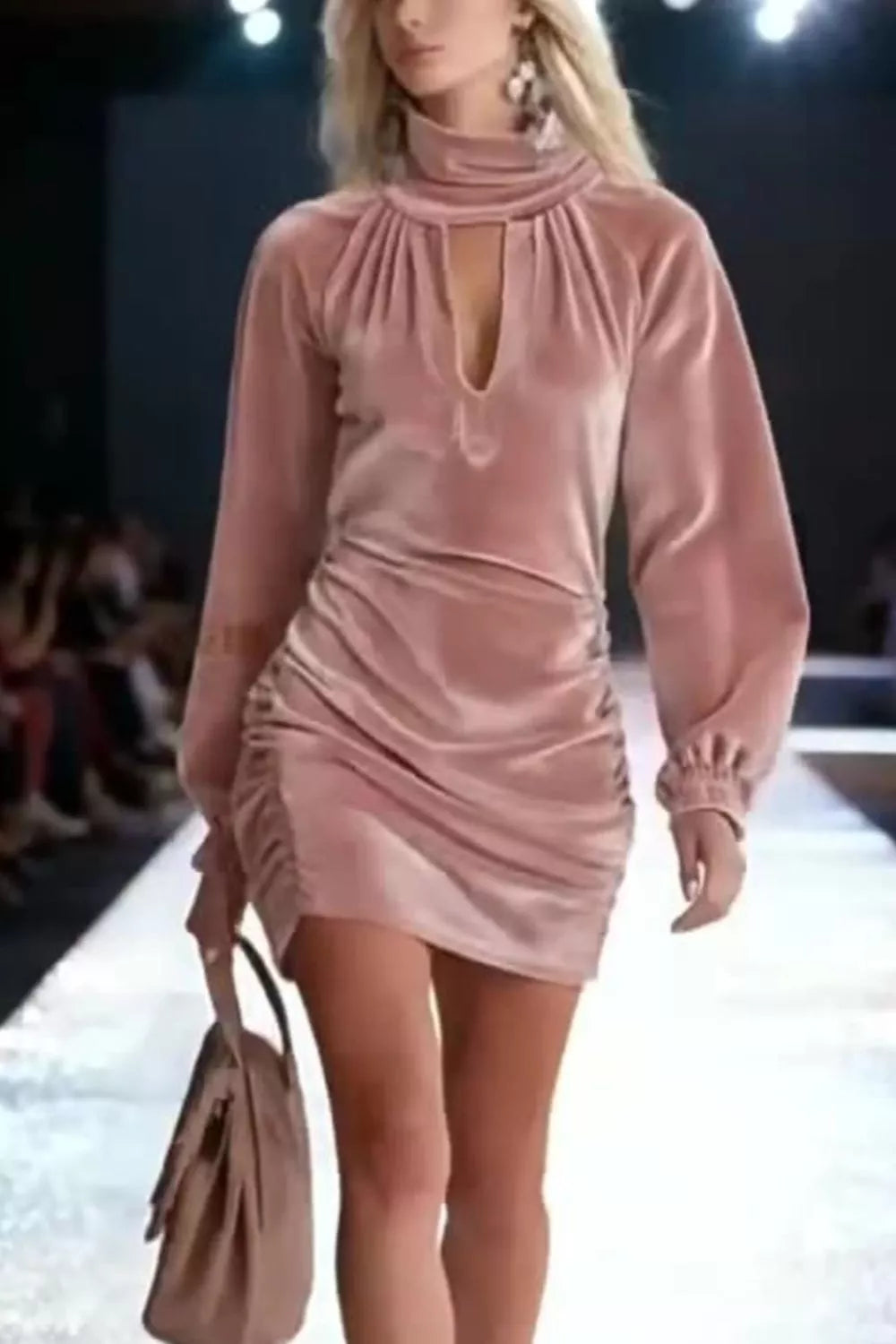 Velvet Ruched Mini Dress with Cutout in Dusty Pink