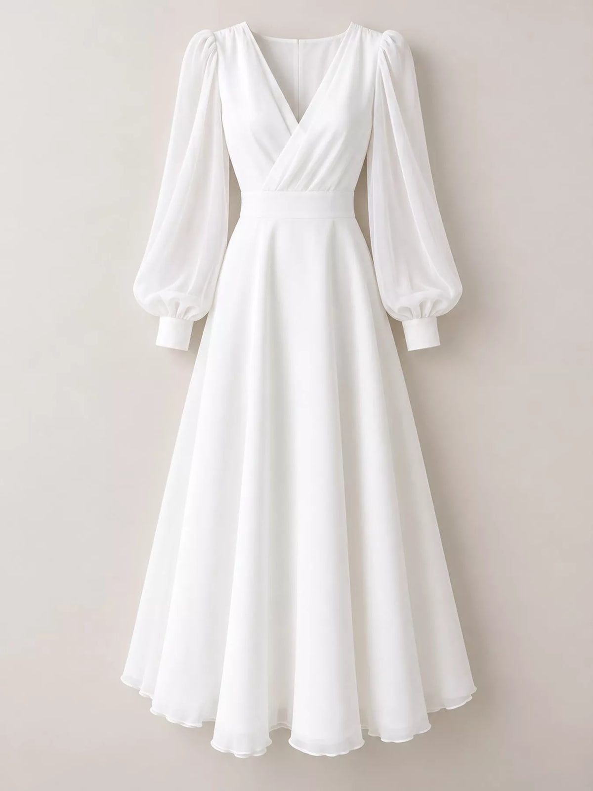 Surplice Lantern Sleeve Midi Dress in White