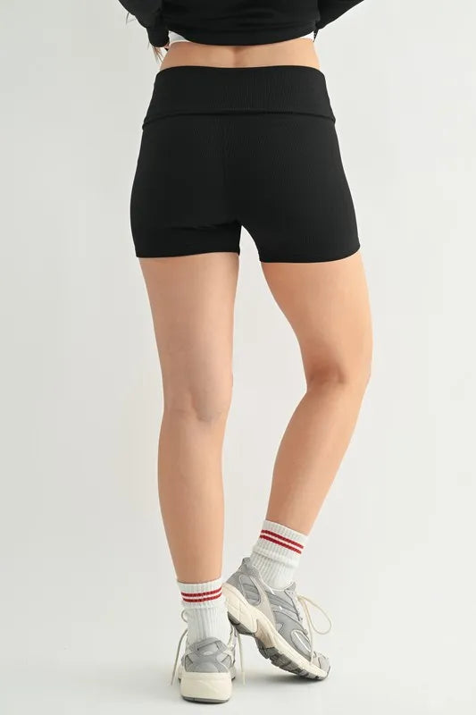 MONO B Ribbed Foldover Waist Shorts in Black