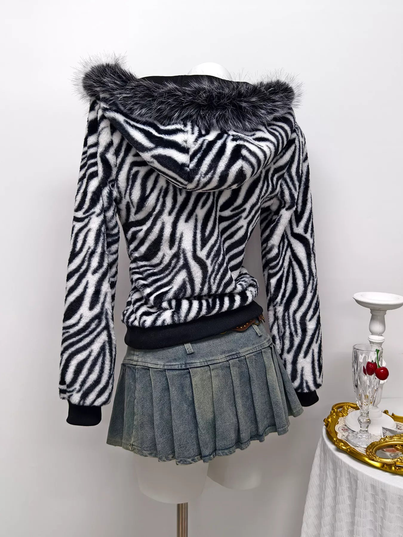Zebra Faux Fur Hooded Zip-Up Jacket in Black