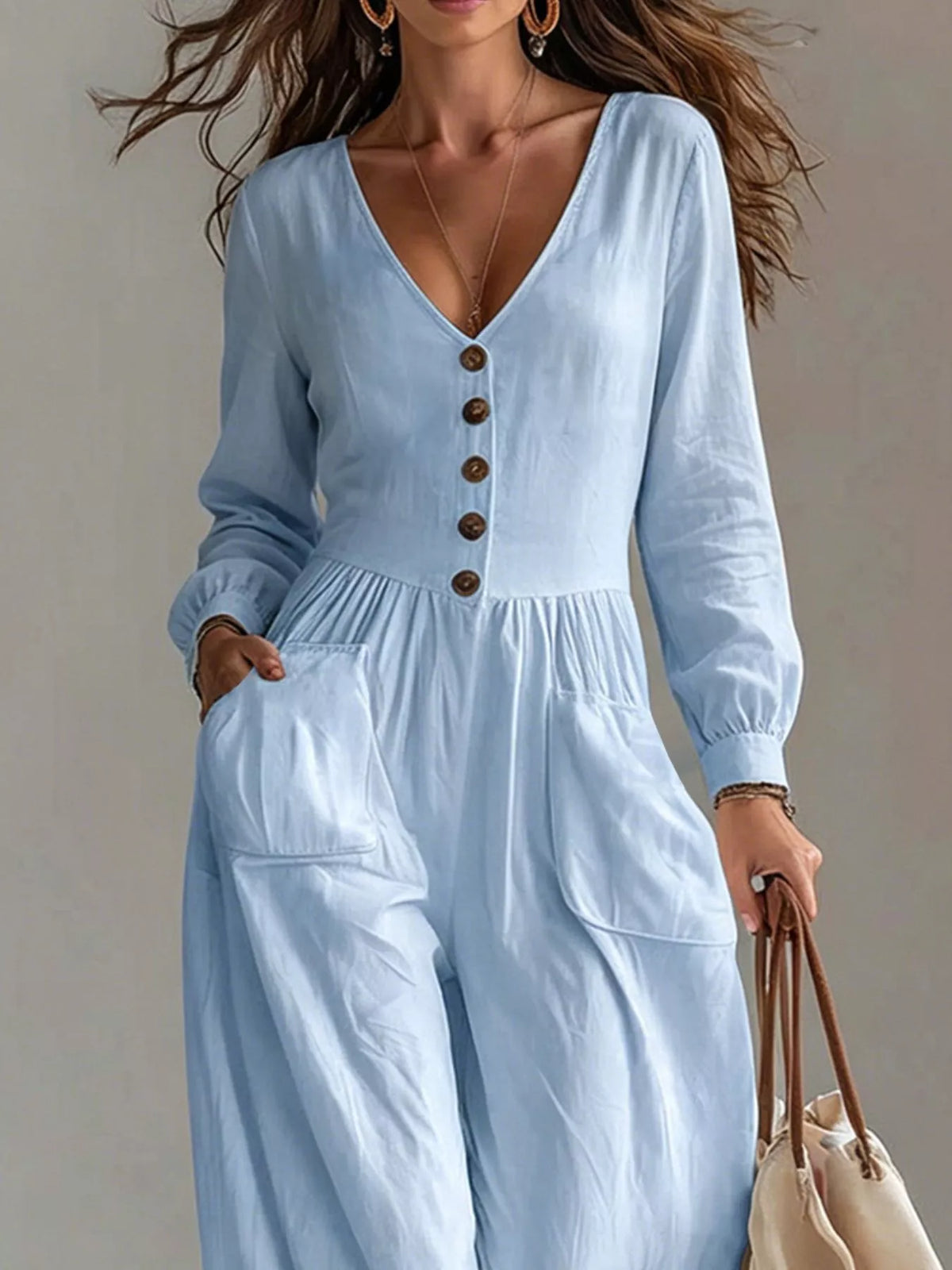 V-Neck Long-Sleeve Button-Down Wide-Leg Jumpsuit