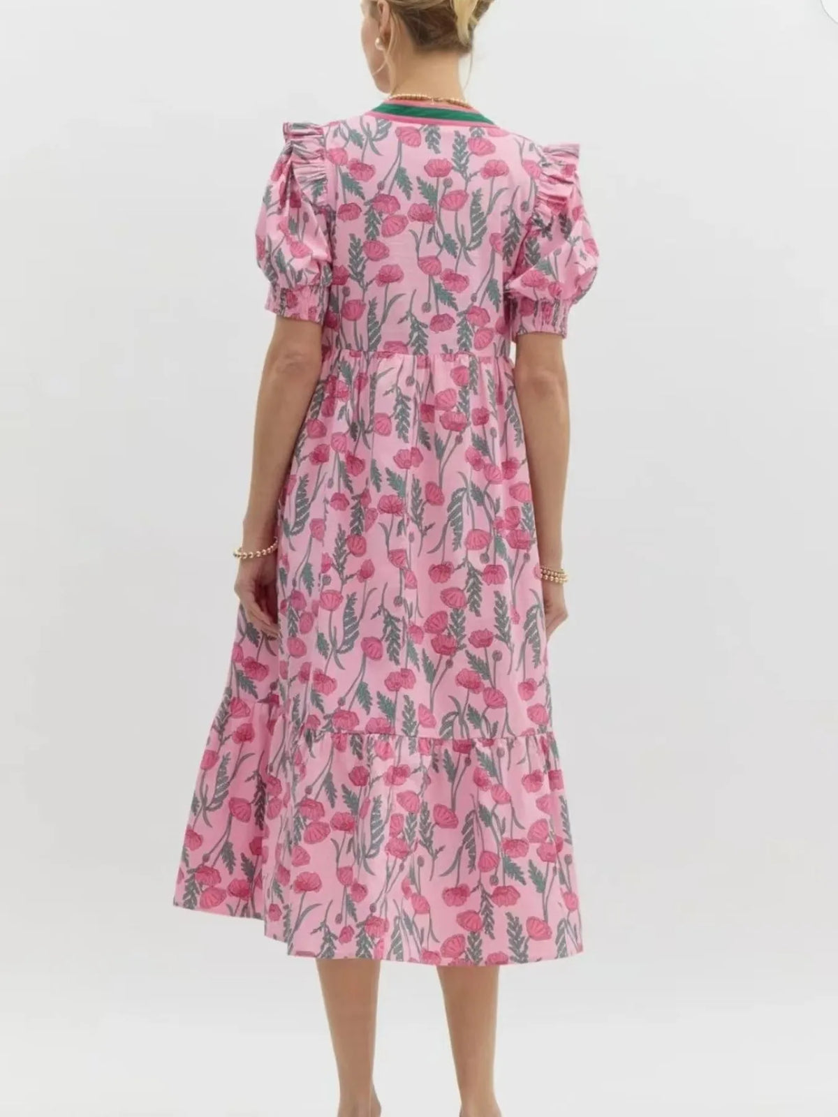 Floral Puff-Sleeve Midi Dress in Pink by Rosaline