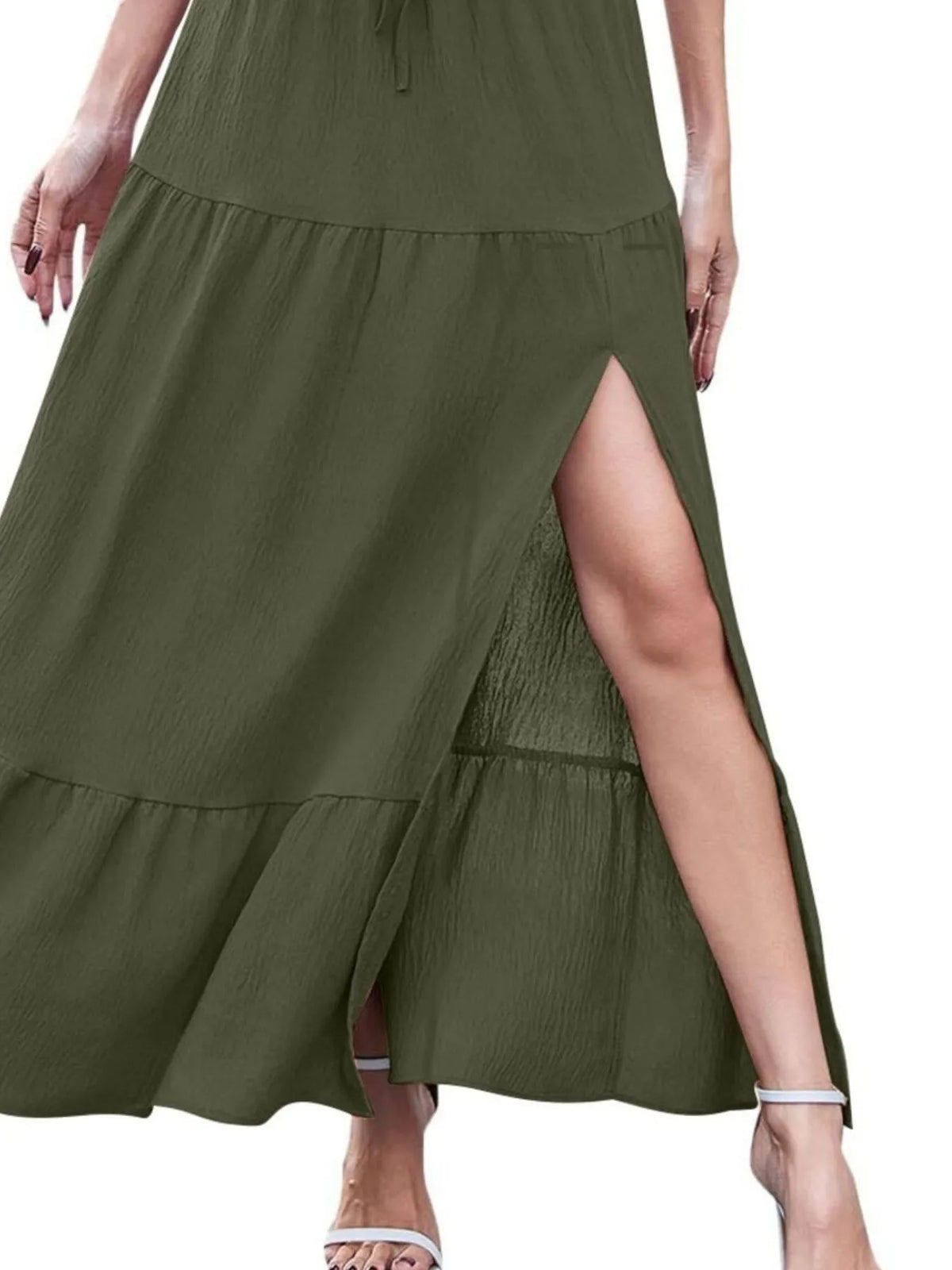 Tiered Ruffled Slit Maxi Skirt
