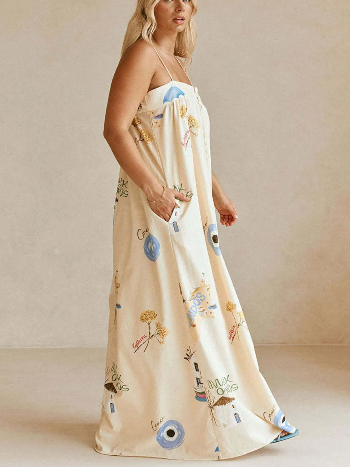 Bohemian Print Cami Maxi Dress in Beige