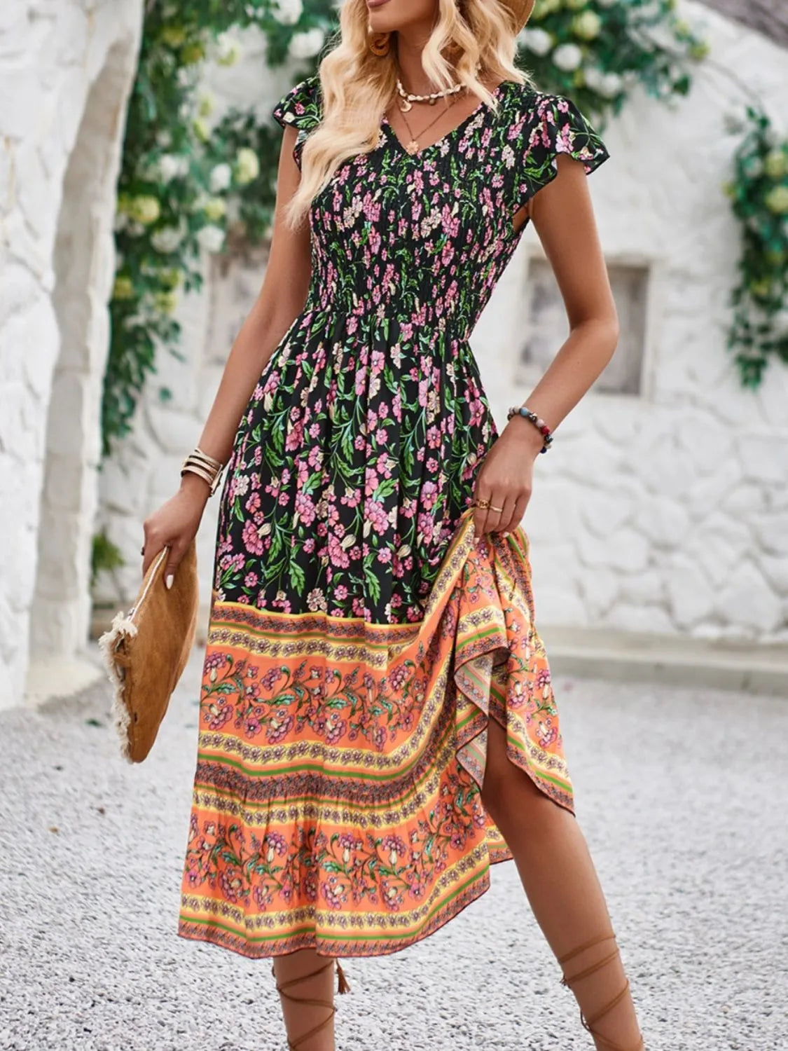 Printed Round Neck Cap Sleeve Dress by Golden Gueen