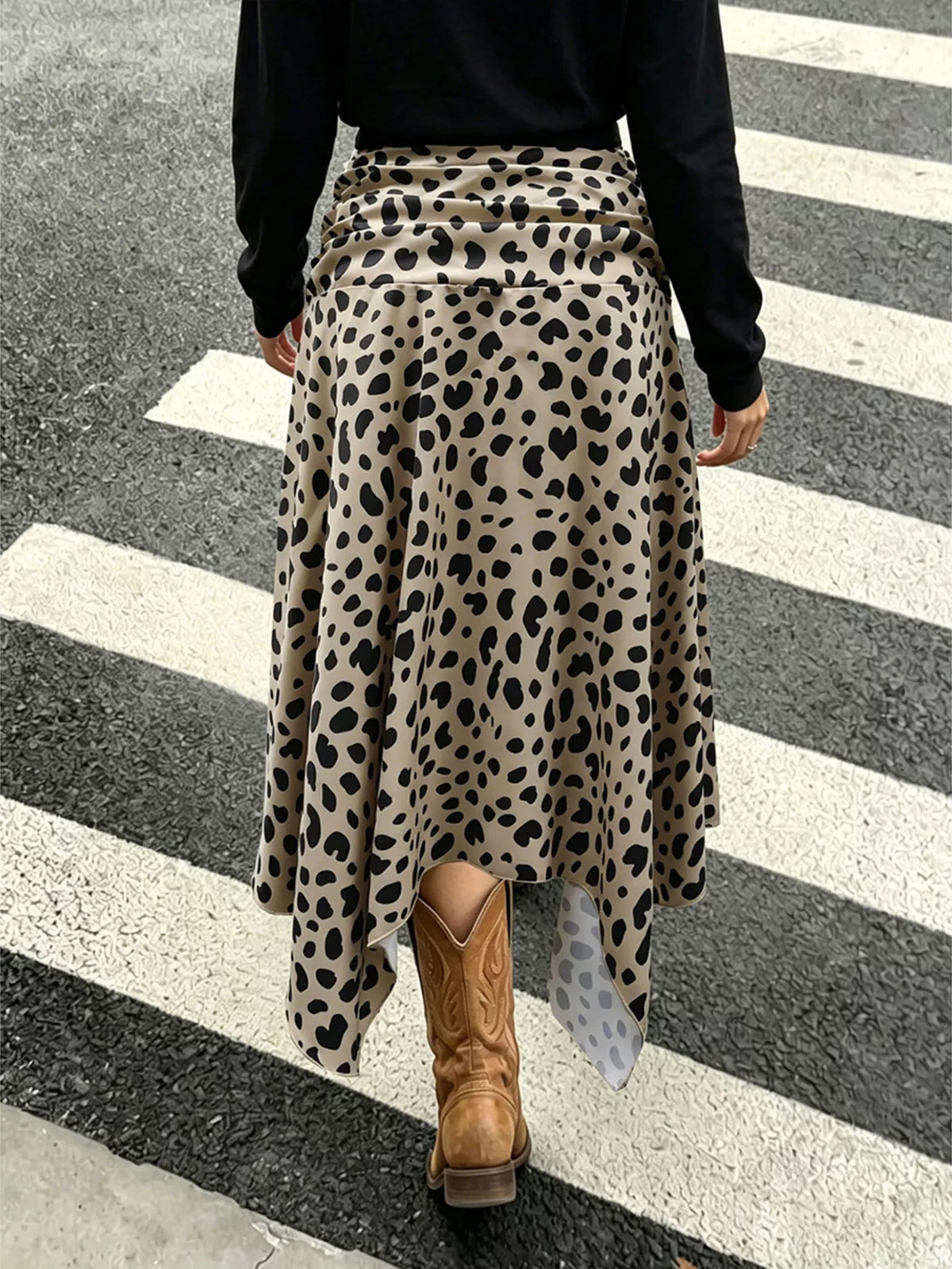 Leopard Print Asymmetrical Hem Midi Skirt in Khaki