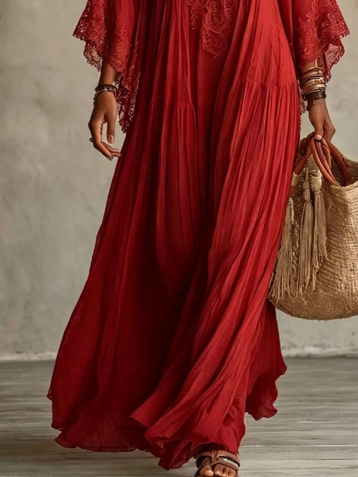 Lace Trim Tiered V-Neck Maxi Dress