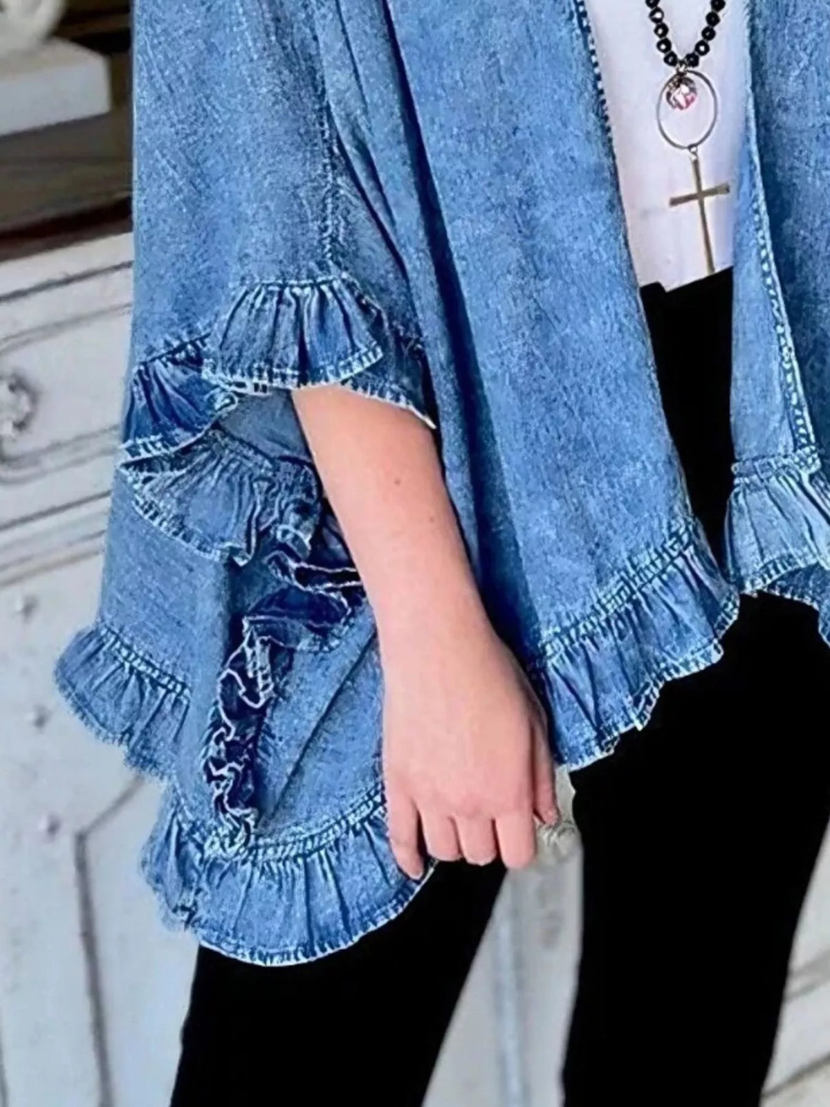 Ruffled Edge Denim Jacket in Royal Blue by Invera