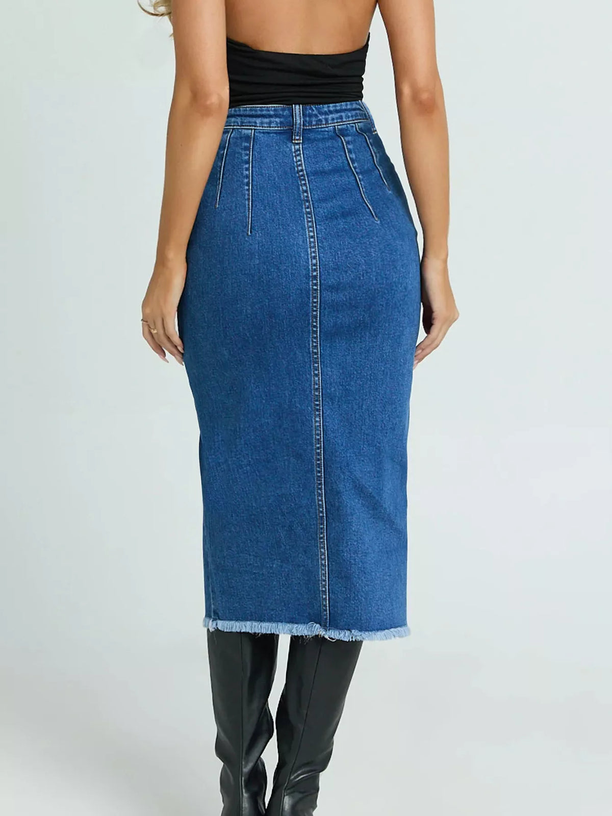 High-Waisted Slit Denim Skirt in Blue by Lone Star Lady