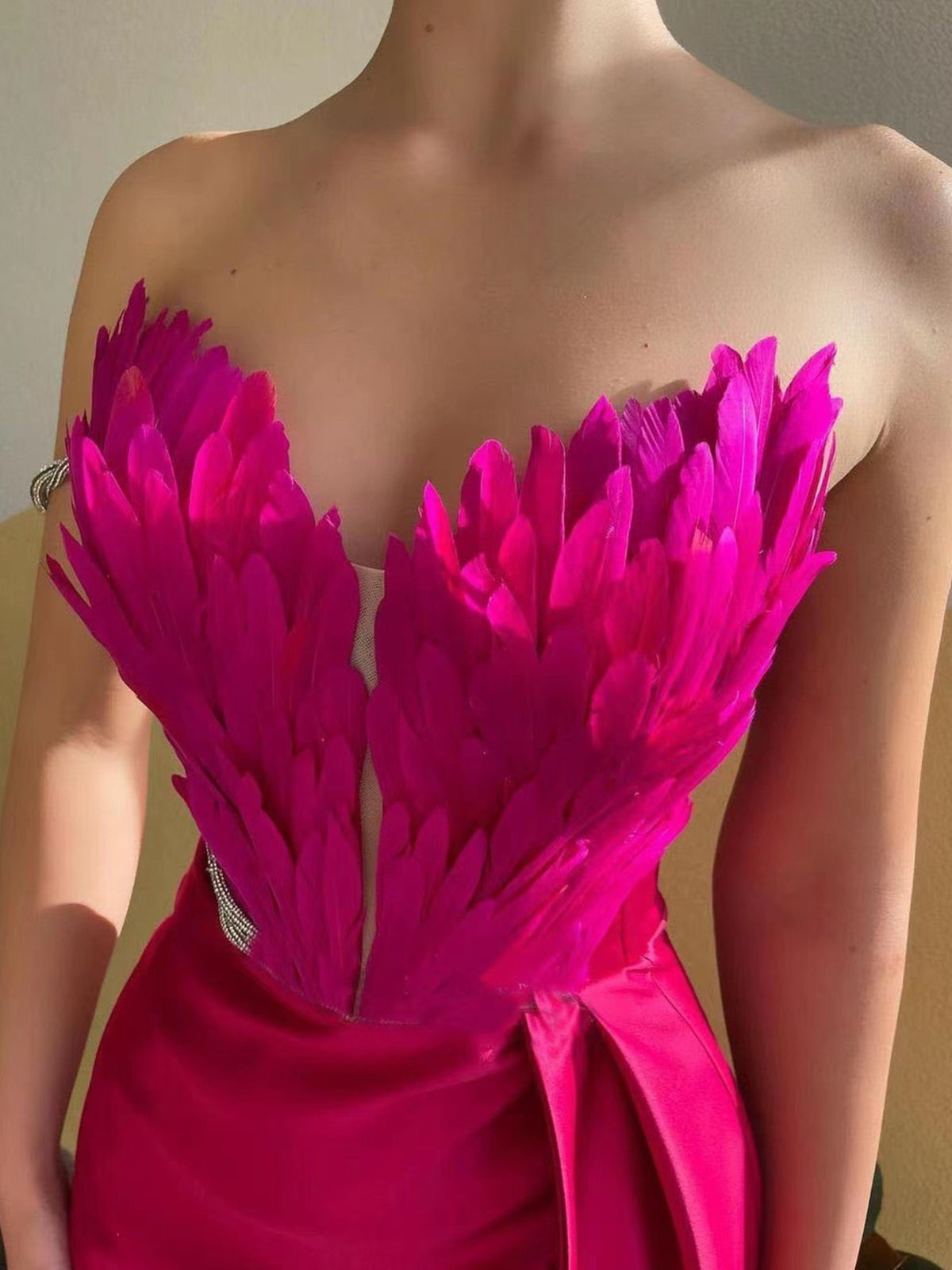 Feather Embellished Slit Maxi Dress